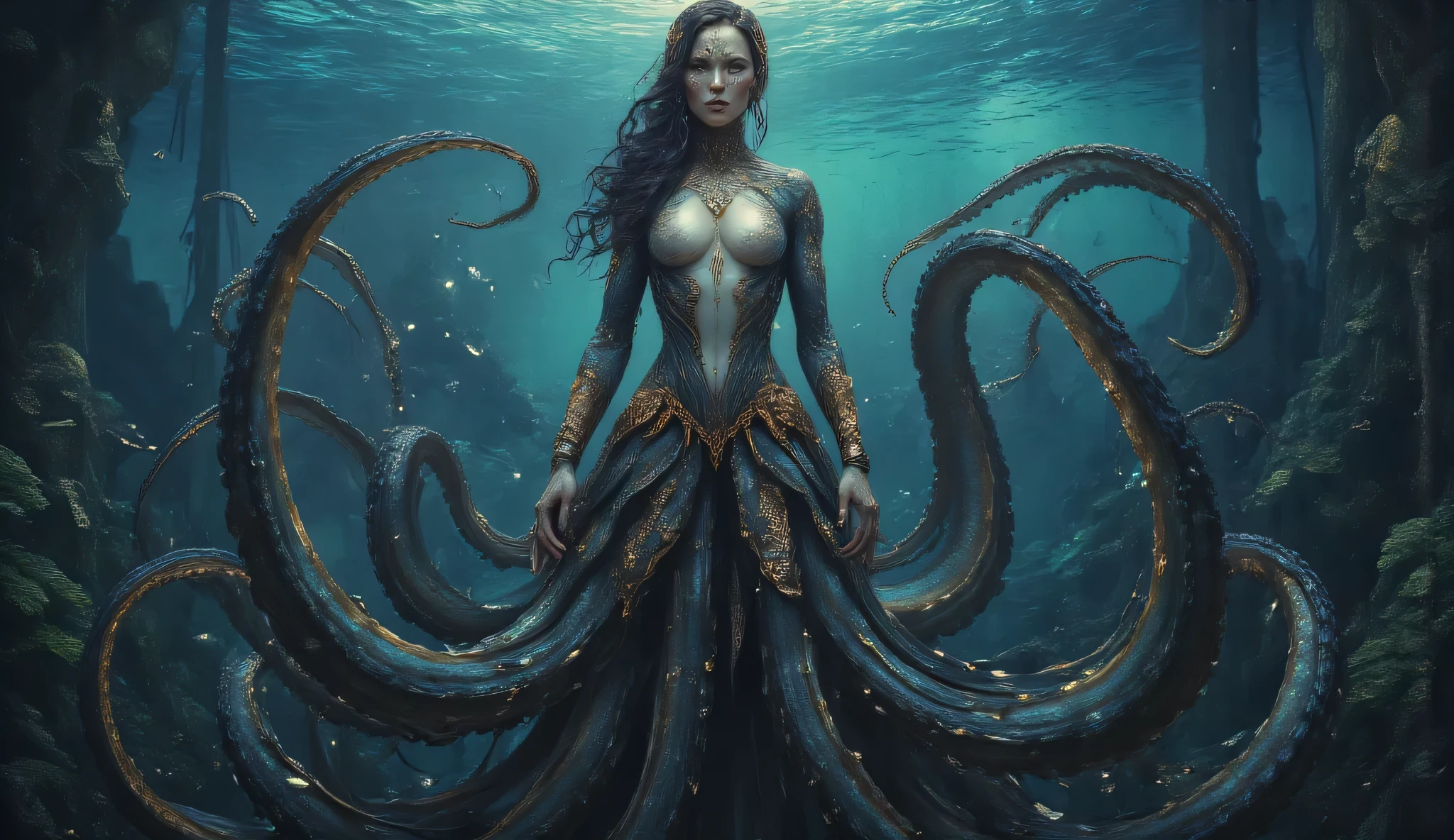 A hauntingly beautiful woman-squid hybrid priestess of Dagon emerging from dark churning waters, upper body of an ethereal pale woman with iridescent scales subtly blending into her skin, lower body transforming into elegant tentacles with bioluminescent suckers. Her eyes are large, black and hypnotically deep, reflecting ancient knowledge. Delicate webbing between elongated fingers ending in sharp points. Adorned with artifacts of bone, pearl, and strange metals inscribed with Eldritch symbols. Background shows a submerged temple with non-Euclidean architecture. Atmospheric underwater lighting with rays of moonlight penetrating the depths, creating a otherworldly glow around her form. Hyper-detailed textures, photorealistic rendering with surreal anatomical elements.