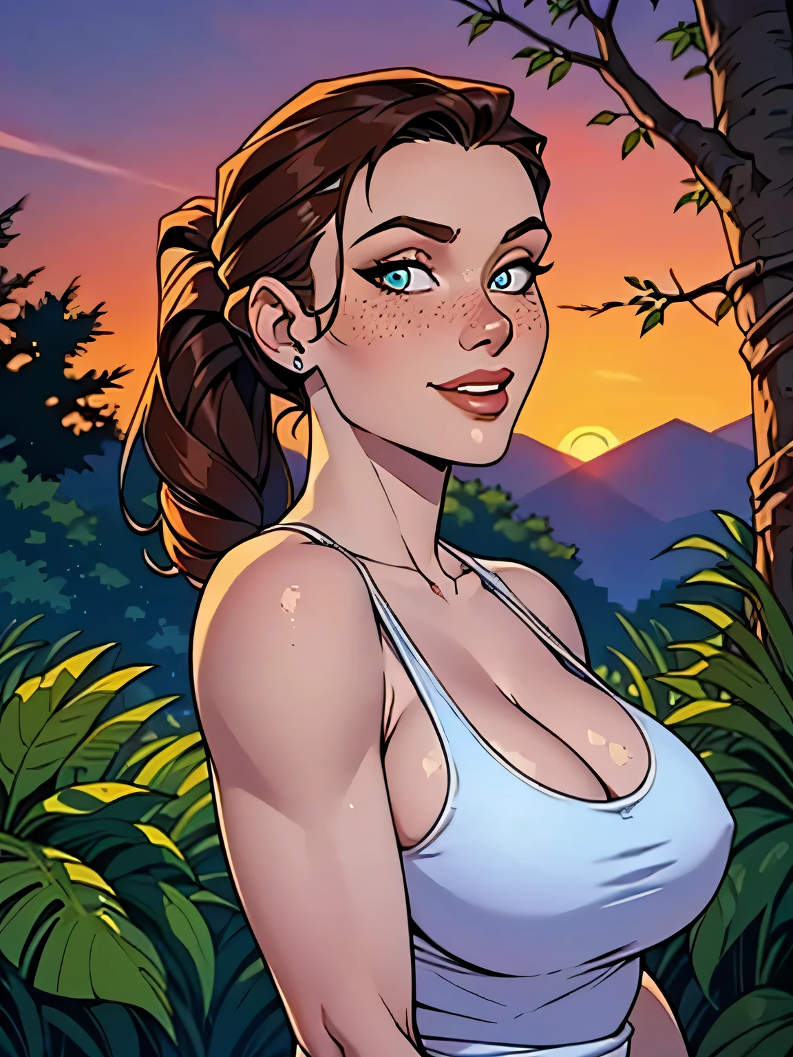 Melhor qualidade, obra de arte, (realista: 1.2) Close up of a thin woman , busty and athletic (Lara Croft), 25 anos, 16k (( high definition )), sorriso suspirante, olhar sedutor ((looking at the viewer)), olhos castanhos, wearing a fitted petrol blue tank top ((decote em V, sem mangas )), cintura fina, usa um cinto marrom, arms at the sides of the body, pele morena, cabelo castanho (( with a braided ponytail )), She's alone in a jungle (( upper body, From head to waist , side view 1 .4)), with freckles on the neck and , (( grandes, redondos e suados 1.4)), (( Well defined collarbone)). estilo cartoon ((QG)), forest and sunset in the background.