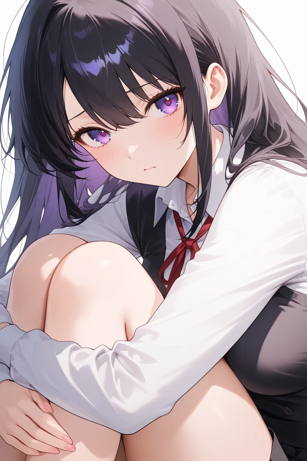 Long haired, Black hair, Highschool girl, innocent, pretty, pink eyes