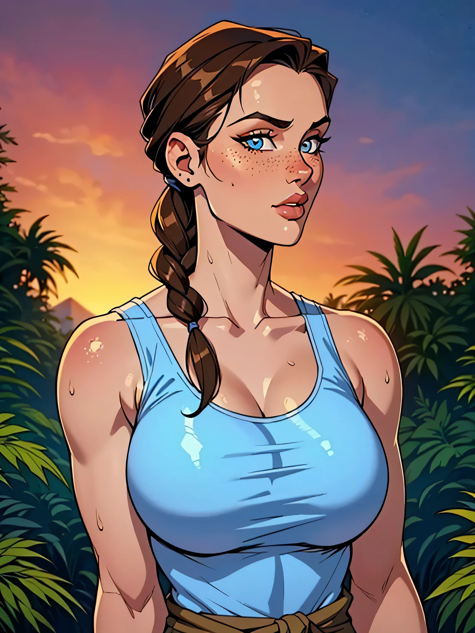 Melhor qualidade, obra de arte, (realista: 1.2) Close up of a thin woman , busty and athletic (Lara Croft), 25 anos, 16k (( high definition )), sighing look, olhar sedutor ((looking at the viewer)), olhos castanhos, wearing a fitted petrol blue tank top ((decote em V, sem mangas )), cintura fina, usa um cinto marrom, arms at the sides of the body, pele morena, cabelo castanho (( with a braided ponytail )), She's alone in a jungle (( upper body, From head to waist , side view 1 .4)), with freckles on the neck and , (( big round and sweaty 1.4)), (( Well defined collarbone)). estilo cartoon ((QG)), forest and sunset in the background.