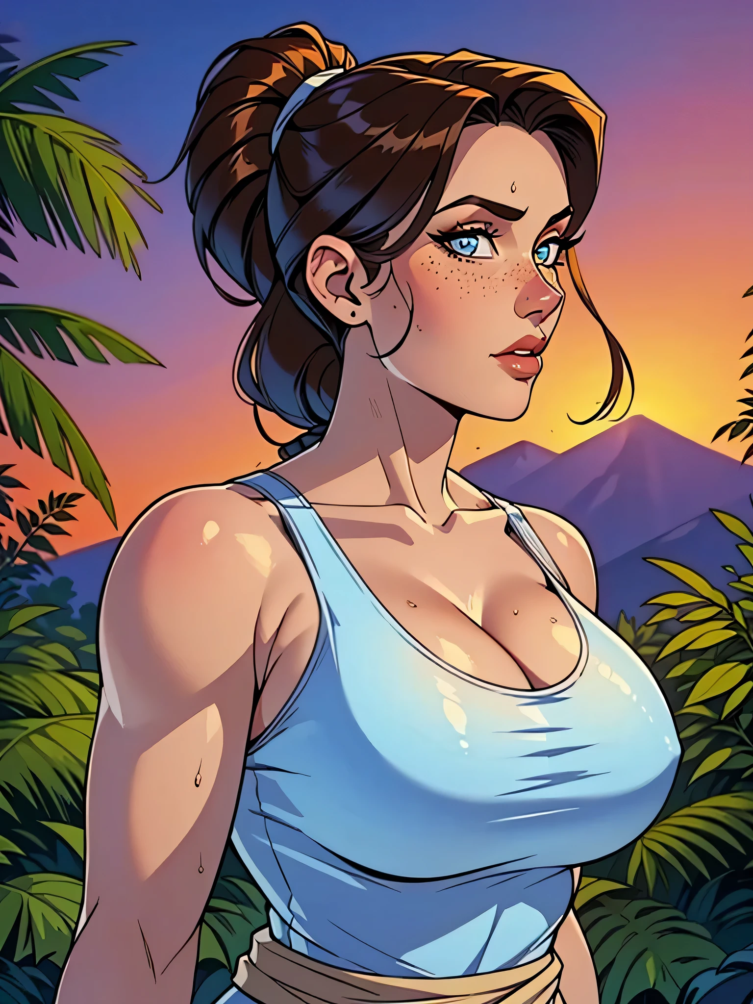 Melhor qualidade, obra de arte, (realista: 1.2) Close up of a thin woman , busty and athletic (Lara Croft), 25 anos, 16k (( high definition )), sighing look, olhar sedutor ((looking at the viewer)), olhos castanhos, wearing a fitted petrol blue tank top ((decote em V, sem mangas )), cintura fina, usa um cinto marrom, arms at the sides of the body, pele morena, cabelo castanho (( with a braided ponytail )), She's alone in a jungle (( upper body, From head to waist , side view 1 .4)), with freckles on the neck and , (( big round and sweaty 1.4)), (( Well defined collarbone)). estilo cartoon ((QG)), forest and sunset in the background.
