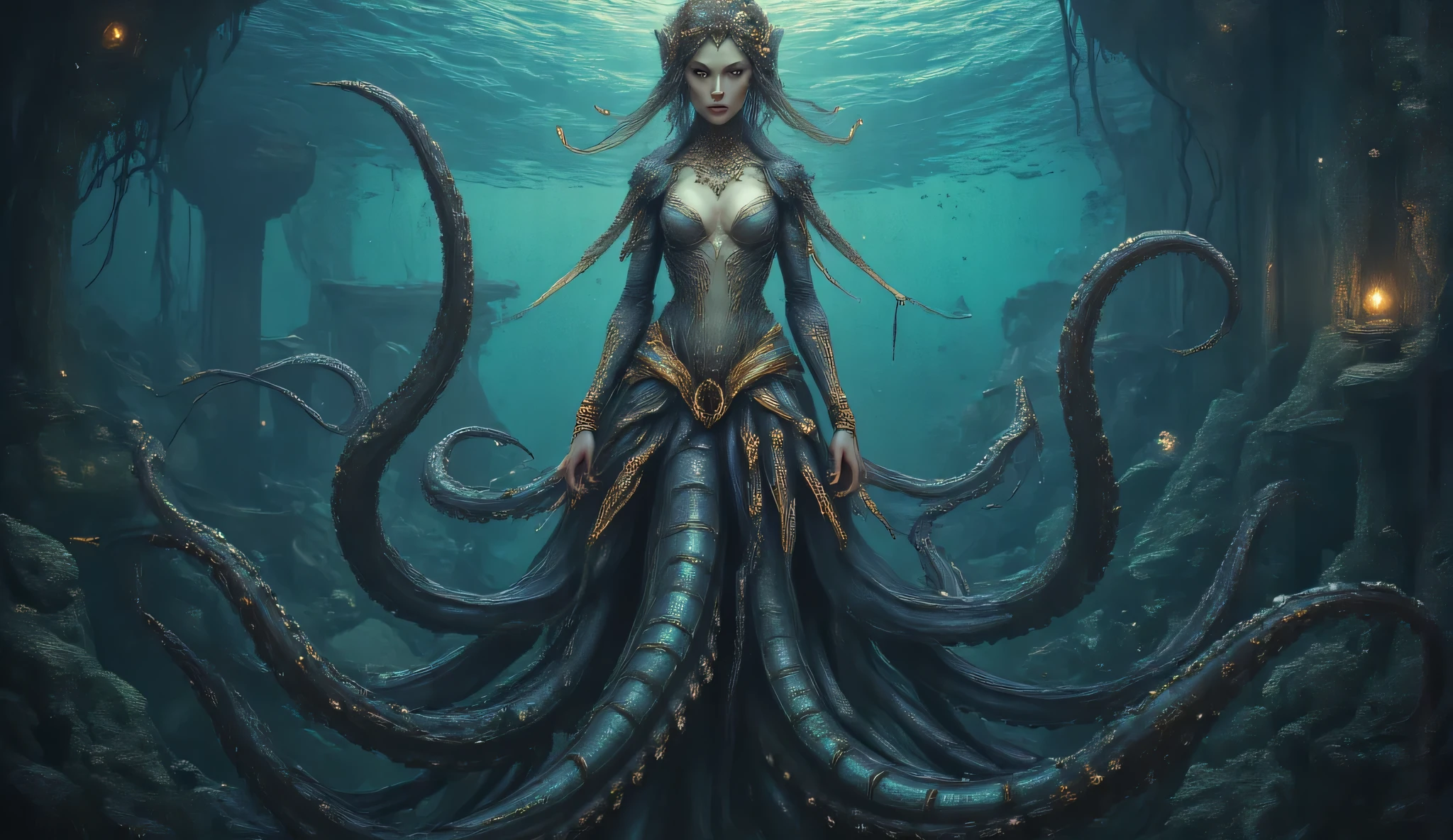 A hauntingly beautiful woman-squid hybrid priestess of Dagon emerging from dark churning waters, upper body of an ethereal pale woman with iridescent scales subtly blending into her skin, lower body transforming into elegant tentacles with bioluminescent suckers. Her eyes are large, black and hypnotically deep, reflecting ancient knowledge. Delicate webbing between elongated fingers ending in sharp points. Adorned with artifacts of bone, pearl, and strange metals inscribed with Eldritch symbols. Background shows a submerged temple with non-Euclidean architecture. Atmospheric underwater lighting with rays of moonlight penetrating the depths, creating a otherworldly glow around her form. Hyper-detailed textures, photorealistic rendering with surreal anatomical elements.