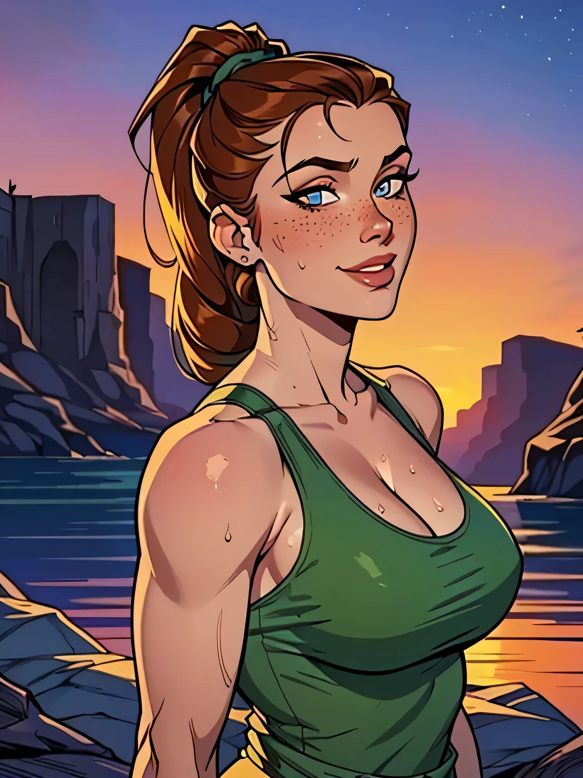 Melhor qualidade, obra de arte, (realista: 1.2) Close up of a thin woman , busty and athletic (Lara Croft), 25 anos, 16k (( high definition )), sorriso suspirante, olhar sedutor ((looking at the viewer)), olhos castanhos, wearing a fitted petrol blue tank top ((decote em V, sem mangas )), cintura fina, usa um cinto marrom, arms at the sides of the body, pele morena, cabelo castanho (( with a braided ponytail )), She's alone in a cave (( upper body, From head to waist , side view 1 .4)), with freckles on the neck and , (( big round and sweaty 1.4)), (( Well defined collarbone)). estilo cartoon ((QG)), cave and sunset in the background.