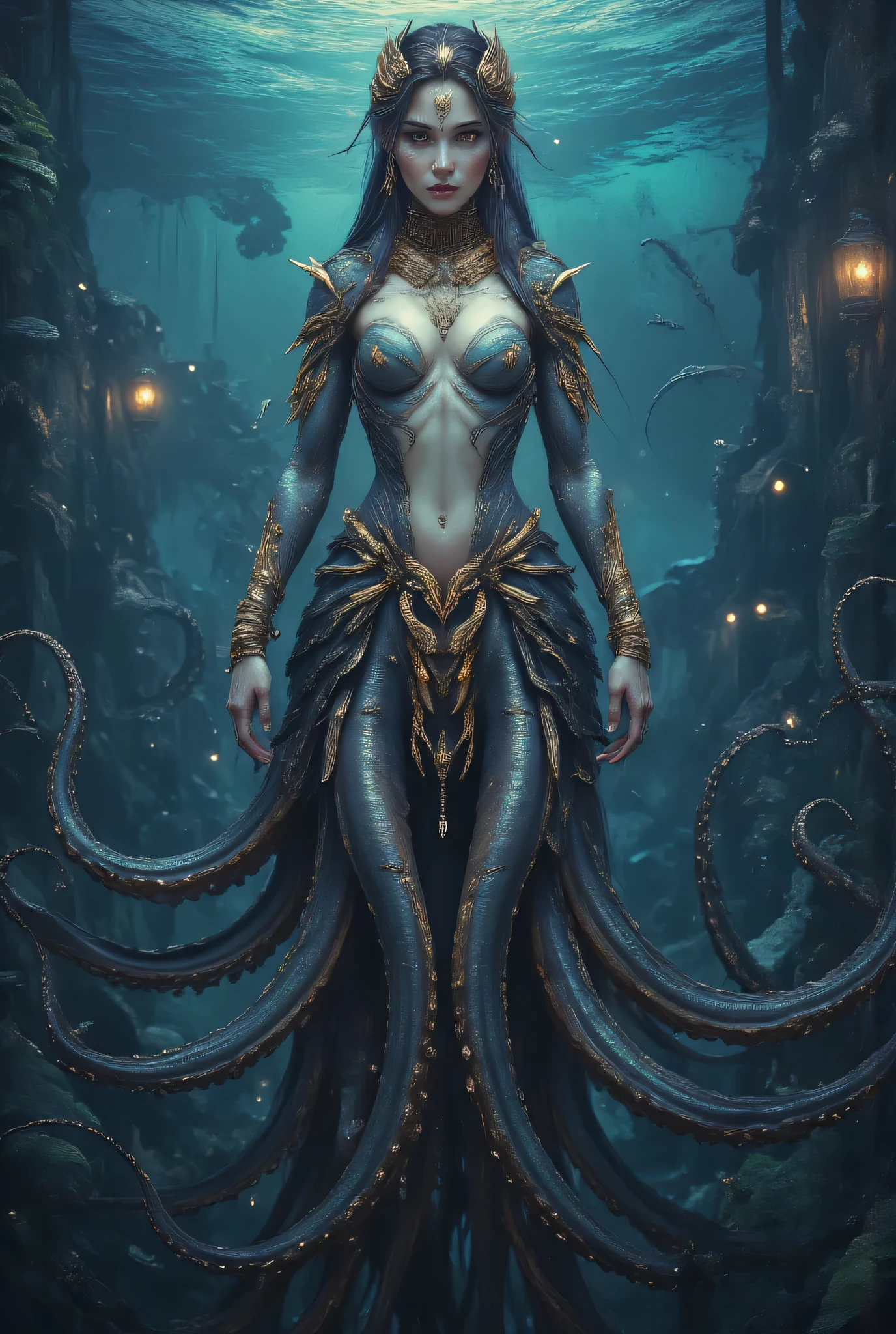 A hauntingly beautiful woman-squid hybrid priestess of Dagon emerging from dark churning waters, upper body of an ethereal pale woman with iridescent scales subtly blending into her skin, lower body transforming into elegant tentacles with bioluminescent suckers. Her eyes are large, black and hypnotically deep, reflecting ancient knowledge. Delicate webbing between elongated fingers ending in sharp points. Adorned with artifacts of bone, pearl, and strange metals inscribed with Eldritch symbols. Background shows a submerged temple with non-Euclidean architecture. Atmospheric underwater lighting with rays of moonlight penetrating the depths, creating a otherworldly glow around her form. Hyper-detailed textures, photorealistic rendering with surreal anatomical elements.