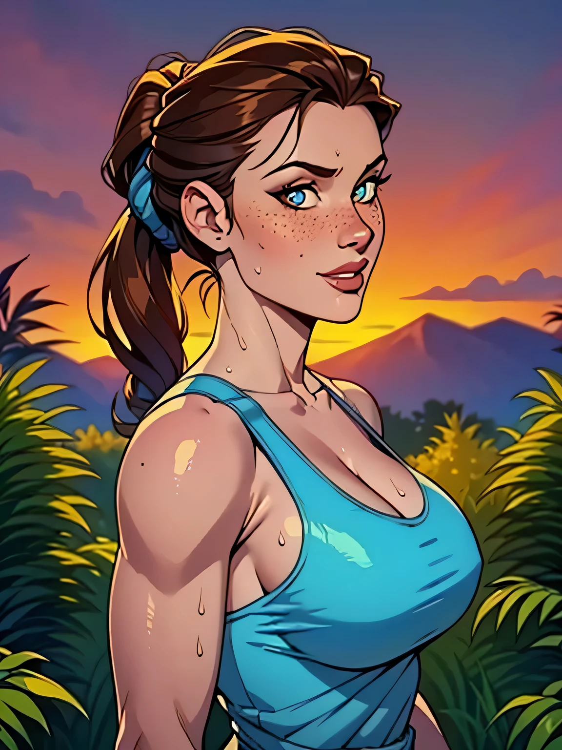 Melhor qualidade, obra de arte, (realista: 1.2) Close up of a thin woman , busty and athletic (Lara Croft), 25 anos, 16k (( high definition )), sorriso suspirante, olhar sedutor ((looking at the viewer)), olhos castanhos, wearing a fitted petrol blue tank top ((decote em V, sem mangas )), cintura fina, usa um cinto marrom, arms at the sides of the body, pele morena, cabelo castanho (( with a braided ponytail )), She's alone in a jungle (( upper body, From head to waist , Right side view 1.4)), with freckles on the neck and , (( big round and sweaty 1.4)), (( Well defined collarbone)). estilo cartoon ((QG)), forest and sunset in the background.