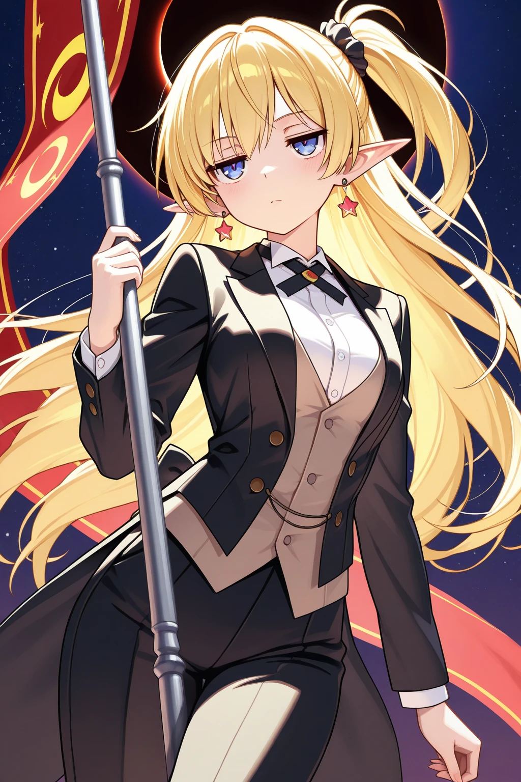 (absurdres, 8k, 4k, masterpiece, hyper extreme detailed:1.2), solo, perfect , cowboy shot, 1girl, front view, perfect face, 1girl, portrait, standing, adult, adult female, mature, Female, Mature Female, very long hair, 8k uhd, 1girl, slender, cowboy shot, standing, full body, front view, red tie, night sky, moon, stockings, big witch hat, witch, blonde hair, piercings, earrings, detailed eyes, expressive eyes, colorful pupils, blazer, skirt, fang tooth, red eyes, earrings, hand on hip, flat chest, looking forward, front view, messy hair, wind, windy, moving hair, moving clothes, swept bangs, mature body, gyaru, smile, colorful clothing, groan, military boots, perfect legs, reasonable height, shocked, confused, wide eyes, 