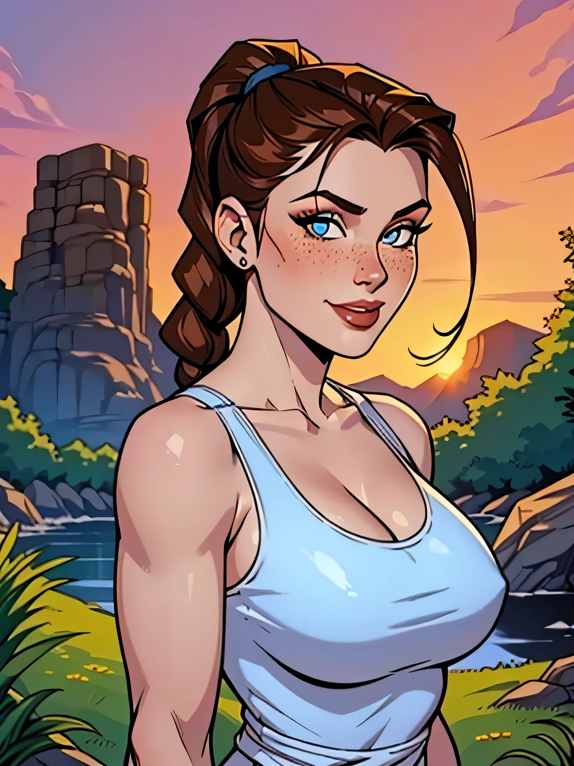 Melhor qualidade, obra de arte, (realista: 1.2) Close up of a thin woman , busty and athletic (Lara Croft), 25 anos, 16k (( high definition )), sorriso suspirante, olhar sedutor ((looking at the viewer)), olhos castanhos, wearing a fitted petrol blue tank top ((decote em V, sem mangas )), cintura fina, usa um cinto marrom, arms at the sides of the body, pele morena, cabelo castanho (( with a braided ponytail )), She's alone in a cave (( upper body, From head to waist , side view 1 .4)), with freckles on the neck and , (( large, round 1.4)), (( Well defined collarbone)). estilo cartoon ((QG)), cave and sunset in the background.