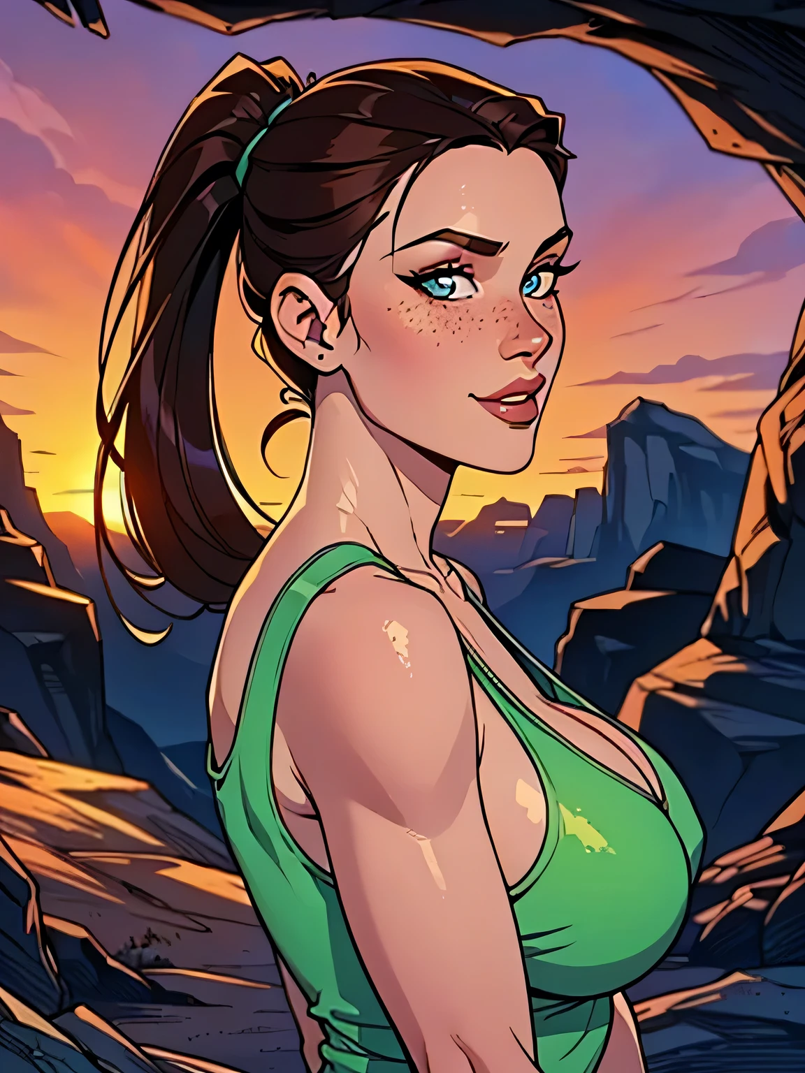 Melhor qualidade, obra de arte, (realista: 1.2) Close up of a thin woman , busty and athletic (Lara Croft), 25 anos, 16k (( high definition )), sorriso suspirante, olhar sedutor ((looking at the viewer)), olhos castanhos, wearing a fitted petrol blue tank top ((decote em V, sem mangas )), cintura fina, usa um cinto marrom, arms at the sides of the body, pele morena, cabelo castanho (( with a braided ponytail )), She's alone in a cave (( upper body, From head to waist , side view 1 .4)), with freckles on the neck and , (( large, round 1.4)), (( Well defined collarbone)). estilo cartoon ((QG)), cave and sunset in the background.