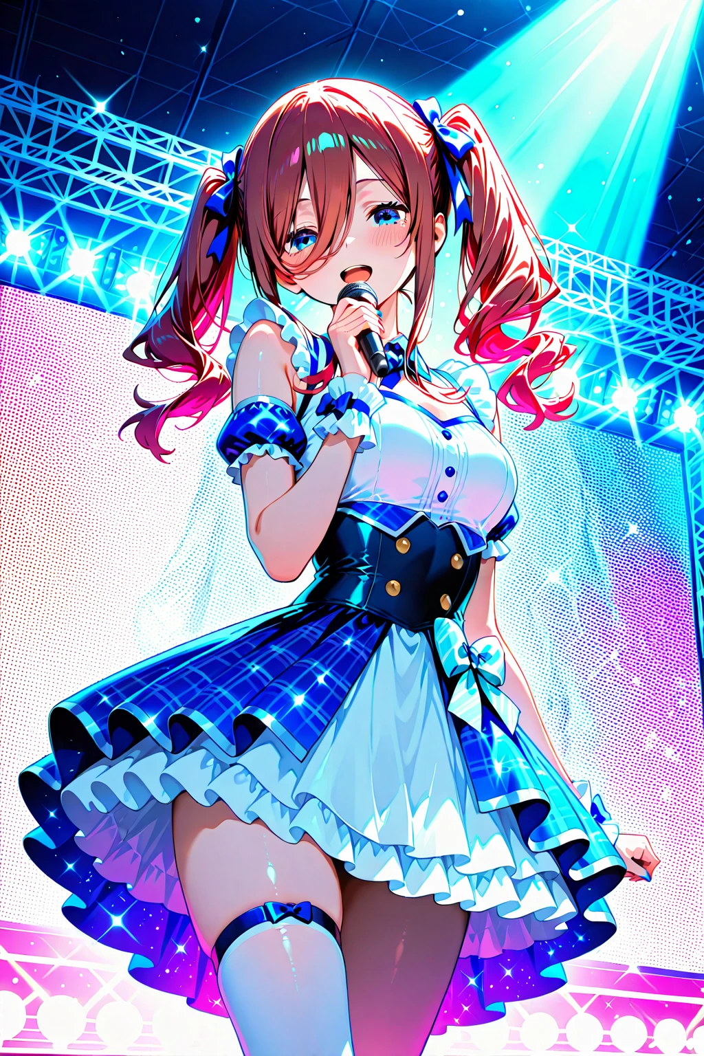 Idol girl in dress dancing on stage with confetti, Long light blue hair、 Black eyes、Detailed key anime art, official artwork, idolmaster, Cute, Gorgeous and cute white and red dress、Hands up、jumpping、hight resolution、The best smile、cleavage of the breast、a frilled 、Shining lighting with neon details、Hold the microphone with your left hand and sing、light reflections、Heart-shaped iris、playful eyes、、