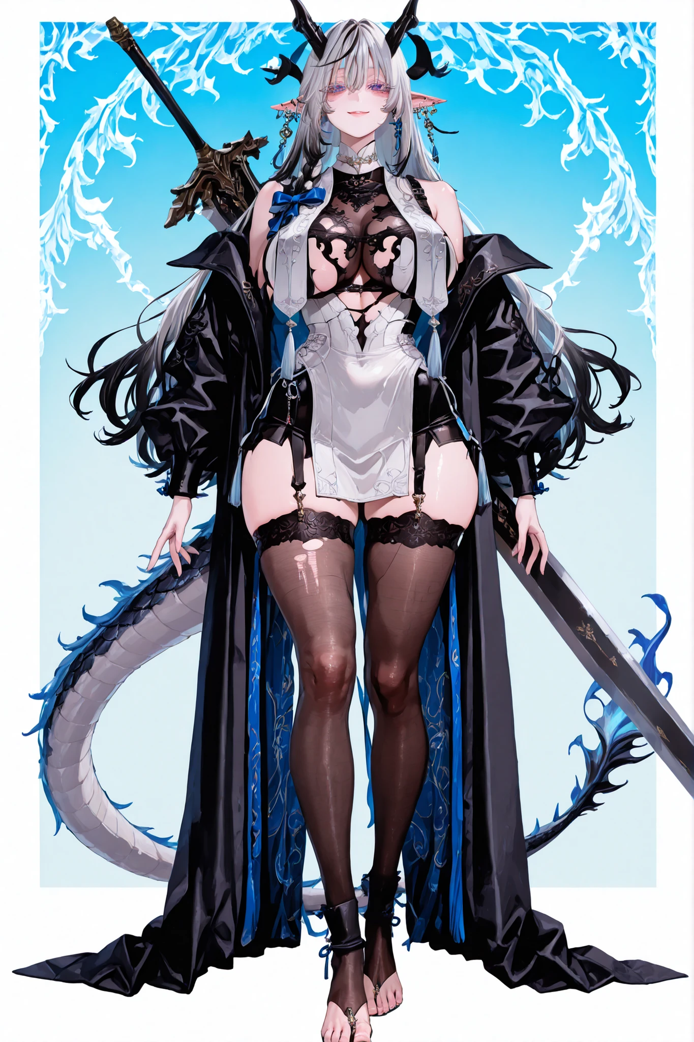   8k wallpaper、    top quality 、masterpiece,   748cm スThailandル   、sexy black bralette dress with fishnet top beneath,   woman 1 person、ribbon、piercings and earrings on her ears,  pointy elf ears, black ripped pelvic curtain dress、 cute black oversized coat with puffy sleaves with open sholders, chains and Accessories on clothes,  dark pantyhose and fishnet、 black knee socks 、rororogi mogera、 style strap 、 Thailand、  pantyhose、、black hair with gray tips and gold  lines、 albino eyelashes   、   long hair falling down her chest、  Underbob  、blue ribbon bow in the head、  Pretty blueish purple Eyes、  wide hips、Protruding thighs   、 pale pinky skin,   very big breasts 、close up,  Light blue background 、open chest area dress,   simple background、lazy smile、 high detail design, standing up、boob window, leaning down towards the camera, making a cute pose with her hands, fullbody, , huge sword on her back, punk style clothes, chest fishnet top, fishnet stocking, big cute , wings behind her ears, demon girl, five big octopus tails behind her, black horns, goat eyes, five octopus tails, big hair. heavenly divine dragon girl, white huge dragon horns with golden ends, big dragon tail, white hair, ver long hair, thick hair, very big breast, green-blue gradient dragon eyes, white dragon sexy revealing outfit with breast curtains, white nylon stockings, white choker, sexy white cheongsam dress with gold details, taliman paper on her , fullbody, head to toe, black dragon scales on her thighs, bare feet, exposed toes