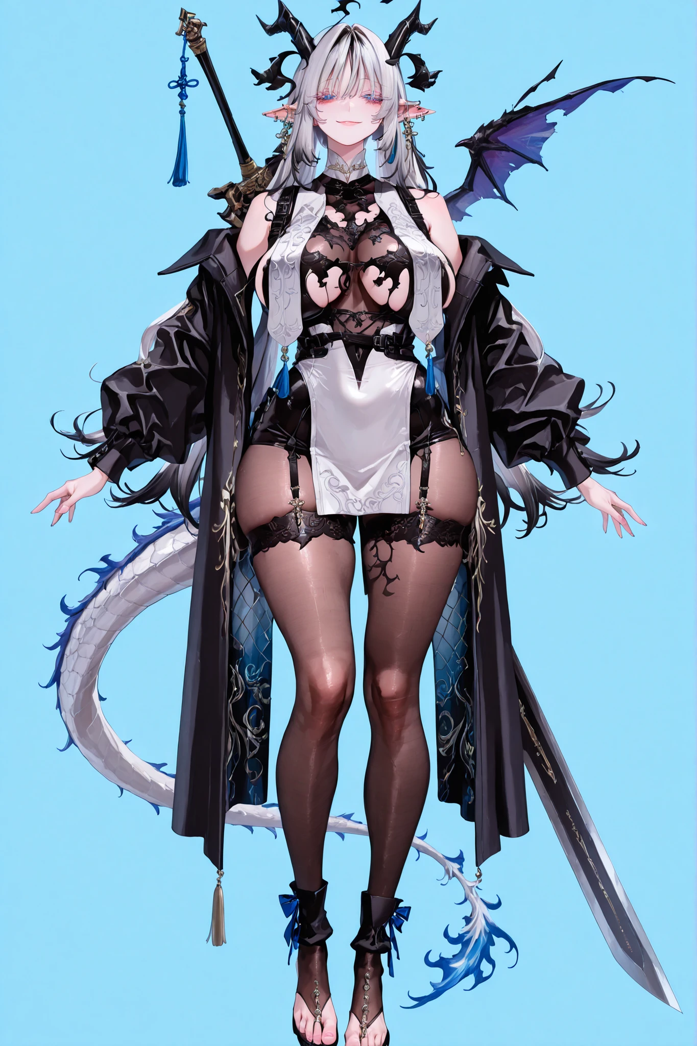   8k wallpaper、    top quality 、masterpiece,   748cm スThailandル   、sexy black bralette dress with fishnet top beneath,   woman 1 person、ribbon、piercings and earrings on her ears,  pointy elf ears, black ripped pelvic curtain dress、 cute black oversized coat with puffy sleaves with open sholders, chains and Accessories on clothes,  dark pantyhose and fishnet、 black knee socks 、rororogi mogera、 style strap 、 Thailand、  pantyhose、、black hair with gray tips and gold  lines、 albino eyelashes   、   long hair falling down her chest、  Underbob  、blue ribbon bow in the head、  Pretty blueish purple Eyes、  wide hips、Protruding thighs   、 pale pinky skin,   very big breasts 、close up,  Light blue background 、open chest area dress,   simple background、lazy smile、 high detail design, standing up、boob window, leaning down towards the camera, making a cute pose with her hands, fullbody, , huge sword on her back, punk style clothes, chest fishnet top, fishnet stocking, big cute , wings behind her ears, demon girl, five big octopus tails behind her, black horns, goat eyes, five octopus tails, big hair. heavenly divine dragon girl, white huge dragon horns with golden ends, big dragon tail, white hair, ver long hair, thick hair, very big breast, green-blue gradient dragon eyes, white dragon sexy revealing outfit with breast curtains, white nylon stockings, white choker, sexy white cheongsam dress with gold details, taliman paper on her , fullbody, head to toe, black dragon scales on her thighs, bare feet, exposed toes