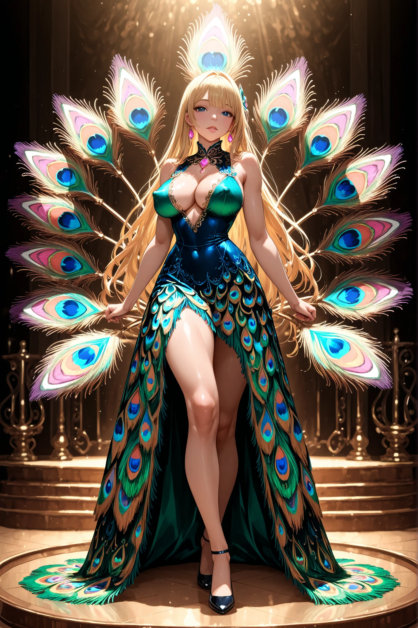 Beautiful Alluring cabaret girl, bare skin, Athletic Well Toned Body, peacock dress, at a cabaret, on a cabaret stage, Barely Clothed, magical realism Theme, fantasy theme, cleavage, Beautiful Face,  Digital Art, Extreme Detail, 4k, Ultra Hd, Polished, Beautiful, Hyperdetailed, Intricate, Elaborate, Meticulous, Sharp Focus, Digital Illustration, Sensual Pose, Suggestive Pose, Full Body Shot, erect puffy nipples, very lewd dress, anatomically correct 💖❤💕💋❣