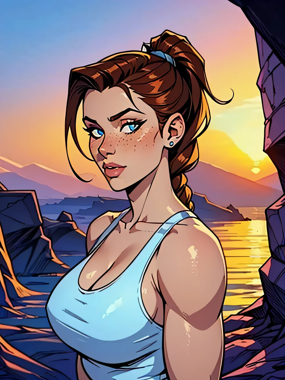 Melhor qualidade, obra de arte, (realista: 1.2) Close up of a thin woman , busty and athletic (Lara Croft), 25 anos, 16k (( high definition )), semblante pensativo, olhar sedutor ((looking at the viewer)), olhos castanhos, wearing a fitted petrol blue tank top ((decote em V, sem mangas )), cintura fina, usa um cinto marrom, arms at the sides of the body, pele morena, cabelo castanho (( with a braided ponytail )), She's alone in a cave (( upper body, From head to waist , side view 1 .4)), with freckles on the neck and , (( large, round 1.4)), (( Well defined collarbone)). estilo cartoon ((QG)), cave and sunset in the background.