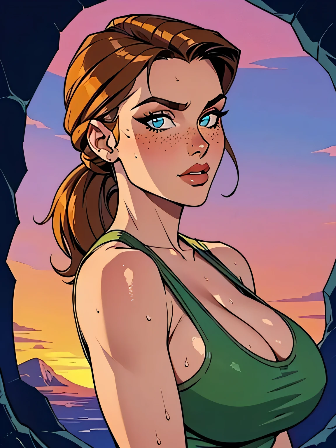 Melhor qualidade, obra de arte, (realista: 1.2) Close up of a thin woman , busty and athletic (Lara Croft), 25 anos, 16k (( high definition )), sighing look, olhar sedutor ((looking at the viewer)), olhos castanhos, wearing a fitted petrol blue tank top ((decote em V, sem mangas )), cintura fina, usa um cinto marrom, arms at the sides of the body, pele morena, cabelo castanho (( with a braided ponytail )), She's alone in a cave (( upper body, From head to waist , side view 1 .4)), with freckles on the neck and , (( big round and sweaty 1.4)), (( Well defined collarbone)). estilo cartoon ((QG)), cave and sunset in the background.