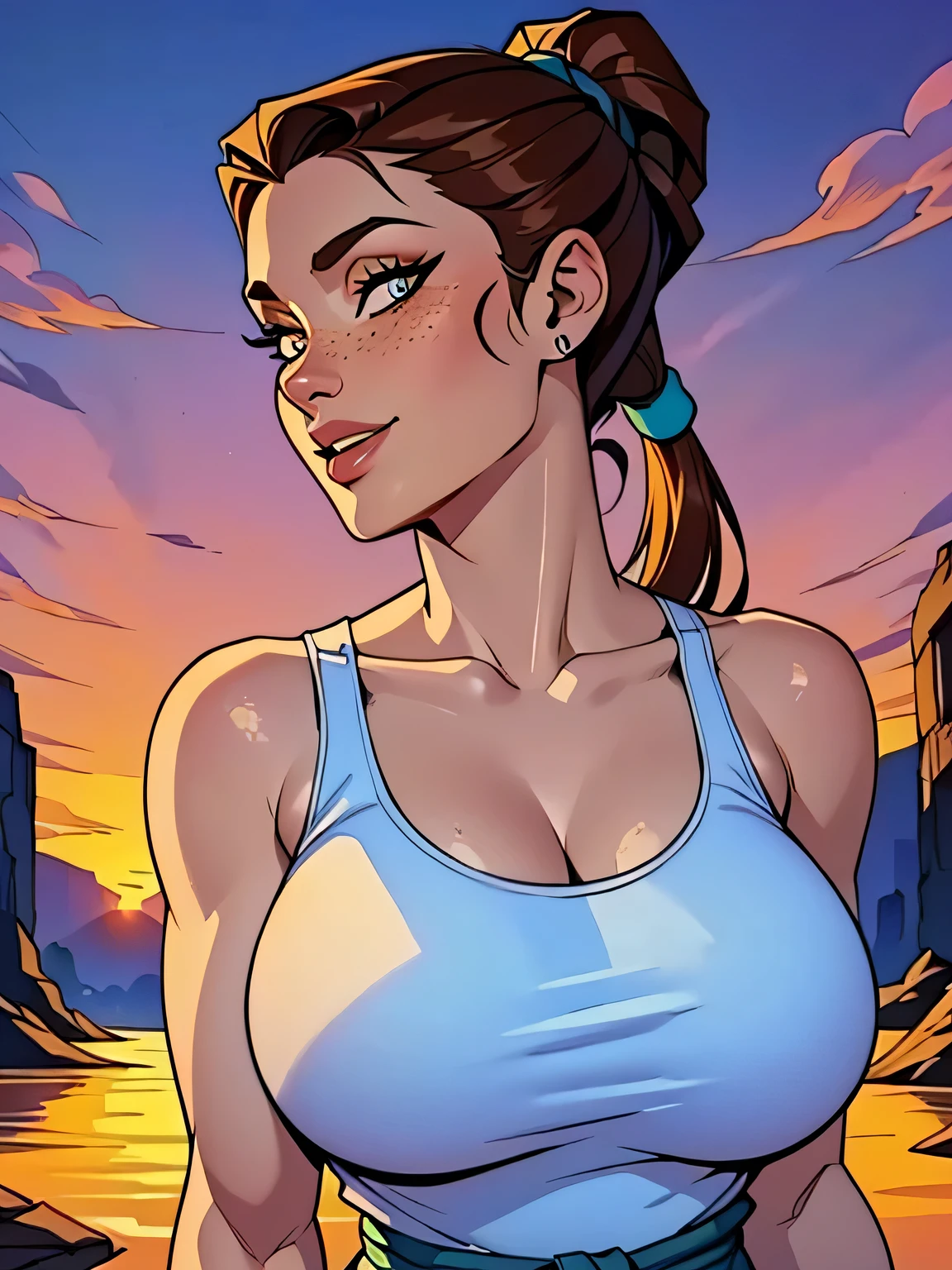 Melhor qualidade, obra de arte, (realista: 1.2) Close up of a thin woman , busty and athletic (Lara Croft), 25 anos, 16k (( high definition )), sorriso suspirante, olhar sedutor ((looking at the viewer)), olhos castanhos, wearing a fitted petrol blue tank top ((decote em V, sem mangas )), cintura fina, usa um cinto marrom, arms at the sides of the body, pele morena, cabelo castanho (( with a braided ponytail )), She is alone in a cave (( upper body, From head to waist , side view 1 .4)), with freckles on the neck and , (( large, round 1.4)), (( Well defined collarbone)). estilo cartoon ((QG)), cave and sunset in the background.