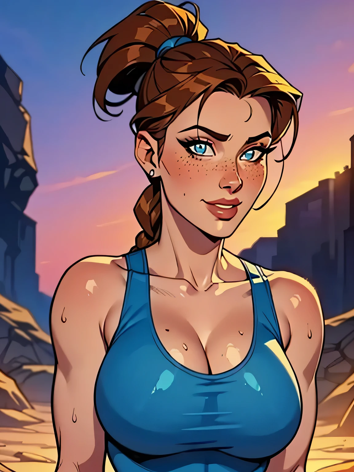Melhor qualidade, obra de arte, (realista: 1.2) Close up of a thin woman , busty and athletic (Lara Croft), 25 anos, 16k (( high definition )), sorriso suspirante, olhar sedutor ((looking at the viewer)), olhos castanhos, wearing a fitted petrol blue tank top ((decote em V, sem mangas )), cintura fina, usa um cinto marrom, arms at the sides of the body, pele morena, cabelo castanho (( with a braided ponytail )), She's alone in a cave (( upper body, From head to waist , side view 1 .4)), with freckles on the neck and , (( big round and sweaty 1.4)), (( Well defined collarbone)). estilo cartoon ((QG)), cave and sunset in the background.