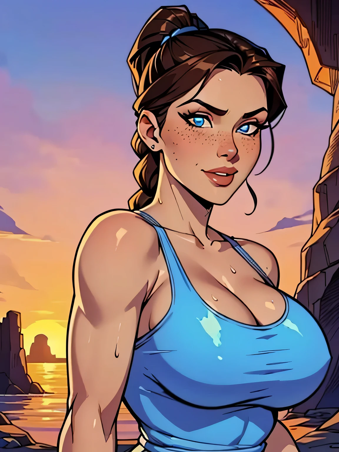 Melhor qualidade, obra de arte, (realista: 1.2) Close up of a thin woman , busty and athletic (Lara Croft), 25 anos, 16k (( high definition )), sorriso suspirante, olhar sedutor ((looking at the viewer)), olhos castanhos, wearing a fitted petrol blue tank top ((decote em V, sem mangas )), cintura fina, usa um cinto marrom, arms at the sides of the body, pele morena, cabelo castanho (( with a braided ponytail )), She's alone in a cave (( upper body, From head to waist , side view 1 .4)), with freckles on the neck and , (( big round and sweaty 1.4)), (( Well defined collarbone)). estilo cartoon ((QG)), cave and sunset in the background.