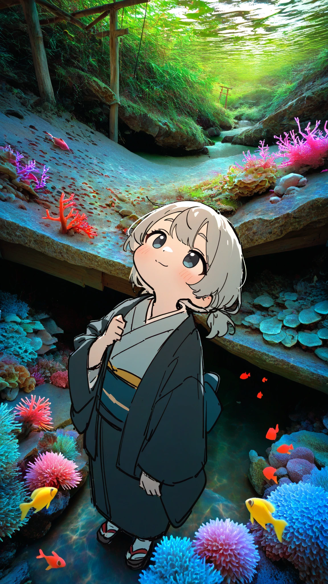 30-year-old woman wearing a formal kimono with refined patterns, calm smile, hair neatly tied in a traditional style, subtle makeup, natural light、 picture frame style、soft expression, looking upward, underwater lighting,
photo background: 珊瑚:1.8、サンゴ礁:1.8、deep ocean scene, shafts of light piercing from above, coral reefs and colorful fish, gentle bubbles rising, magical atmosphere