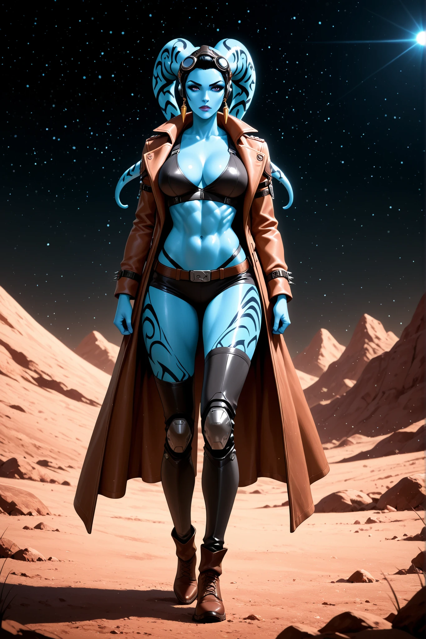 beautiful feminine lean twi'lek female gunslinger, blue skin, Athletic Well Toned Body, futuristic gunslinger outfit with a coat, at a space port, Beautiful Face, sci-fi theme, wild west theme, Digital Art, Extreme Detail, 4k, Ultra Hd, Polished, Beautiful, Hyperdetailed, Intricate, Elaborate, Meticulous, Sharp Focus, Digital Illustration, Full Body Shot, anatomically correct