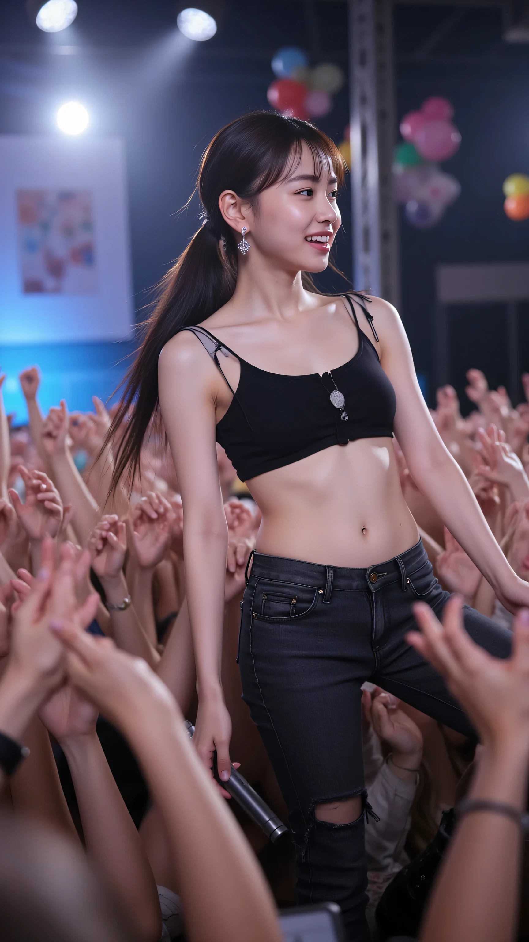 Masterpiece, Top quality, Ultra detailed, Photorealistic, Cinematic lighting, (A dynamic low-angle shot taken from the audience's front row:1.4).
A beautiful 17-year-old Japanese high school student with a brown ponytail hairstyle, very big , hair blown by active movements. sparkling sweat on her face and neck.
She's the lead vocalist of a female rock band, She's shouting lyrics with her radiant singing ability,  happy smile , holding a microphone with both hands and leaning towards the crowd.
She's wearing a black tank top that fits her body, ripped skinny jeans, And combat boots.
The stage is at the high school gym, Decorated with handmade banners and colorful balloons made for the school festival.
in the background There's a crying crowd; Their hands are raised in the air, waving a glow stick and smartphone.
dramatic, The colorful stage lights and spotlights on the top create an intense lens flare., emphasizes the energy of the live performance by creating long shadows.