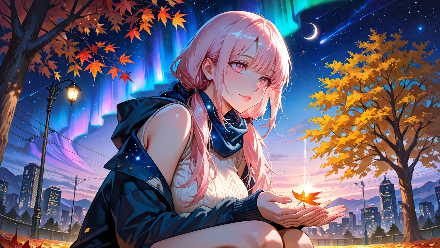 The image is of a beautiful woman wearing a tight fitting uniform. The woman has long flowing pink hair with strands of braided hair tied with red ribbon throughout. She has gorgeous green eyes that shine like emeralds. Her face is youthful and gorgeous. Her breasts are ample and seem too large for her uniform. She is short in height but well developed -a short stack. She blushes as you look at her. She's standing in an autumnal forest. In the distance is a serene body of water. It's night time and a full moon lights the scene. A gentle breeze suspends fallen autumn leaves around her. The wind lifts up her skirt revealing her blue and white striped . The image is ultra detailed with gorgeous colors, perfect line work, and detailed shading. The image really portrays the sexiness of the character. YasogamiFemaleWinter, black shirt, long sleeves, black sailor collar, yellow neckerchief, grey skirt, black thighhighs, autumn, serene water, lifted skirt,  reveal, night time, gentle breeze, 