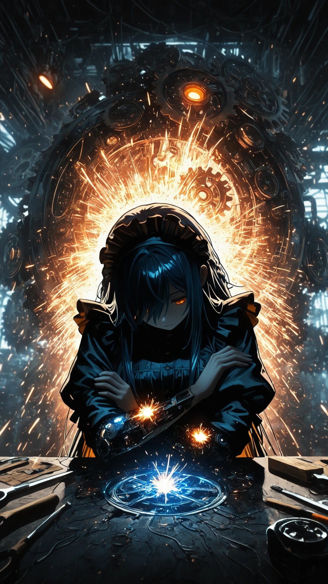 (masterpiece:1.2, Best Quality), C7b3rp0nkStyle, ((very long bangs, hidden face, face hidden by hair)), head tilt, looking up, beautiful face, long sidelocks framing face, long swept bangs, dark blue hair, messy hair, braid, orange eyes, glowing eyes, ((holding tools, sparks)) ((repairing own arm, looking down, placing tool against arm)), futuristic, factory, delicate mechanical features, exposed circuitry, damaged gears scattered, expressionless, intricate steampunk details, maid outfit, frilly headdress, mechanical parts clockwork scattered ground, watercolor and ink, rough texture, sketchy outlines, organic lines, hatching and cross-hatching, paper texture, analog art style with visible brush strokes and line work.