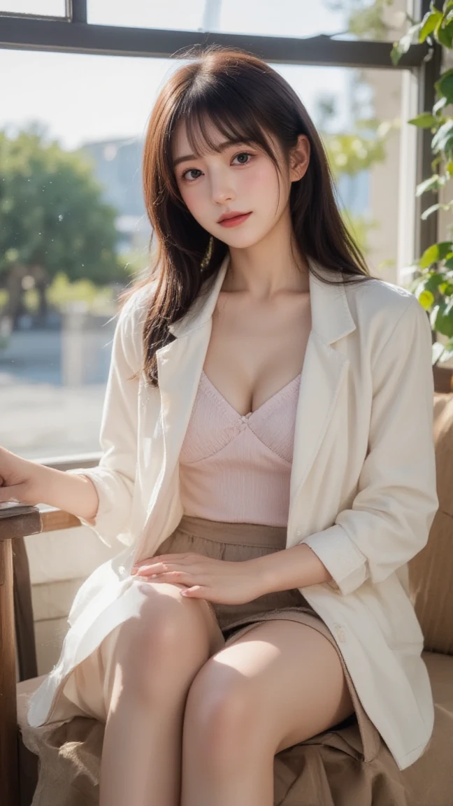 top-quality、Top image quality、​masterpiece、fully body photo、25 years old women, 、Dark brown wavy middle hair、bangss、((White Coat of Doctor、Long sleeve white shirt with collar、Black Pencil Skirt、Stockings、With a stethoscope、Kamimei))、 ((no-、Puffy 、chest is completely visible、Visible))、Sexy pink 、soft boob、breasts of medium size,、high-heels、a necklace、耳环。 cute smile face、Sit in a chair and look up、((I can see all my 、Rub your chest with both hands、Touching the crotch))