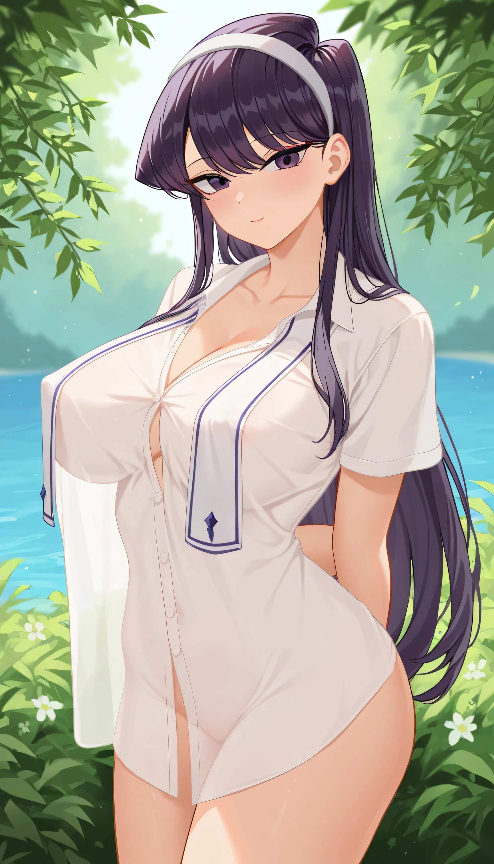 masterpiece, best quality, amazing quality, very aesthetic, absurdres, newest, scenery, volumetric lighting, depth of field, shiny skin, 1girl, Komi Shouko, solo, shirt, purple hair, long hair, bangs, large breasts, arms behind back, white shirt, purple eyes, cowboy shot, large breasts, looking at viewer, naked shirt, short sleeves, hair between eyes, collarbone, hairband, covered nipples, closed mouth, breast curtains, masterpiece, best quality, amazing quality, very aesthetic, absurdres, newest, scenery