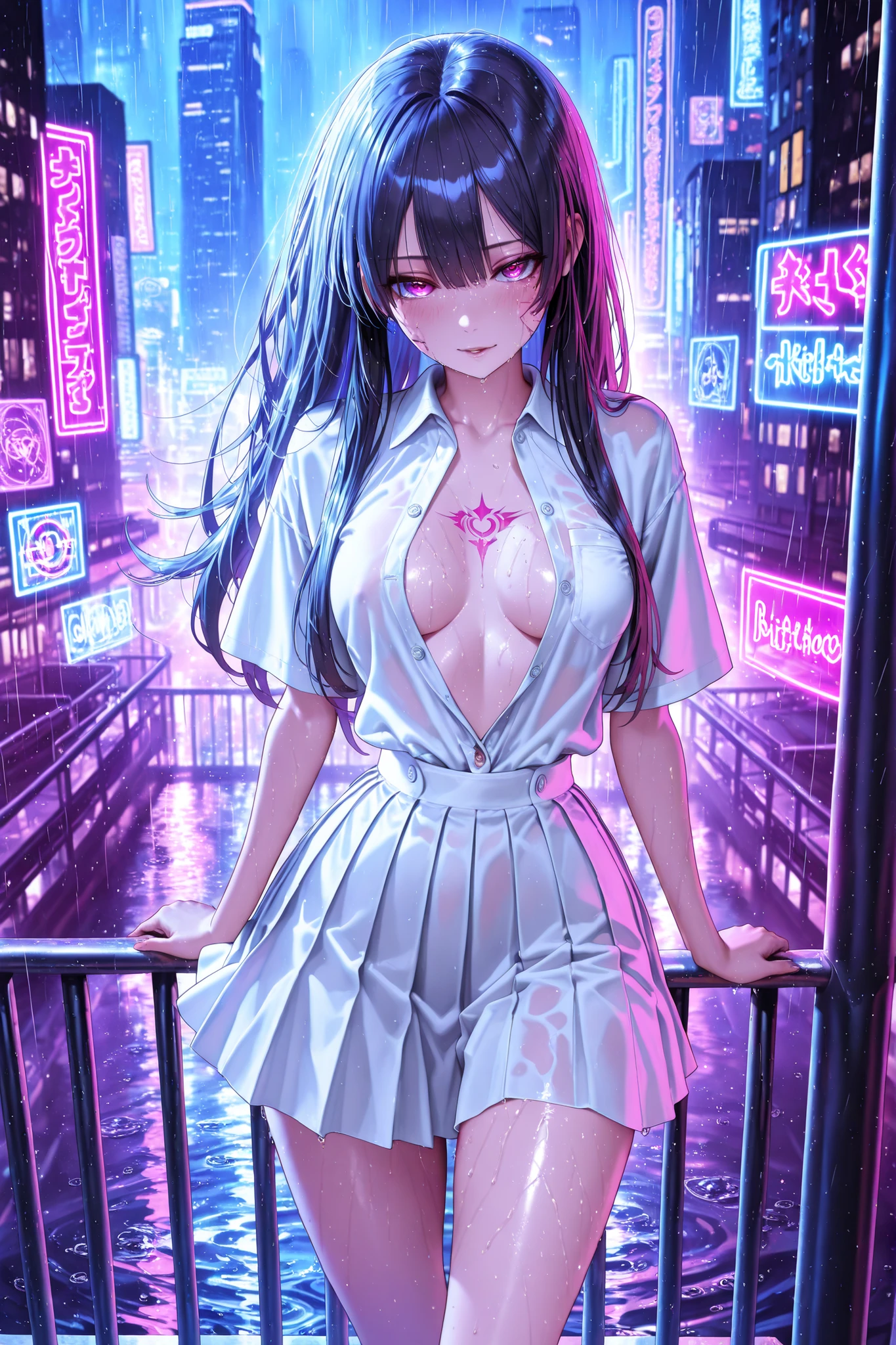 Photorealism, High definition, ray (Chaos Zero Nightmare), attractive girl with a slim figure, medium chest, long slender legs, white school shirt with unbuttoned buttons and tied under the bust revealing a flat stomach, very short pleated school skirt on her naked body, seductive pose on the skyscraper railing, in her hair, another unbuttons the remaining buttons on her shirt, technique passionate facial expression, bites lower lip, eyes full of desire, long hair fluttering in the wind, behind a futuristic night city with skyscrapers, bright neon lights and holographic signs, rainy night, drops of water on the skin, dramatic lighting accentuating the curves of the body, nsfw