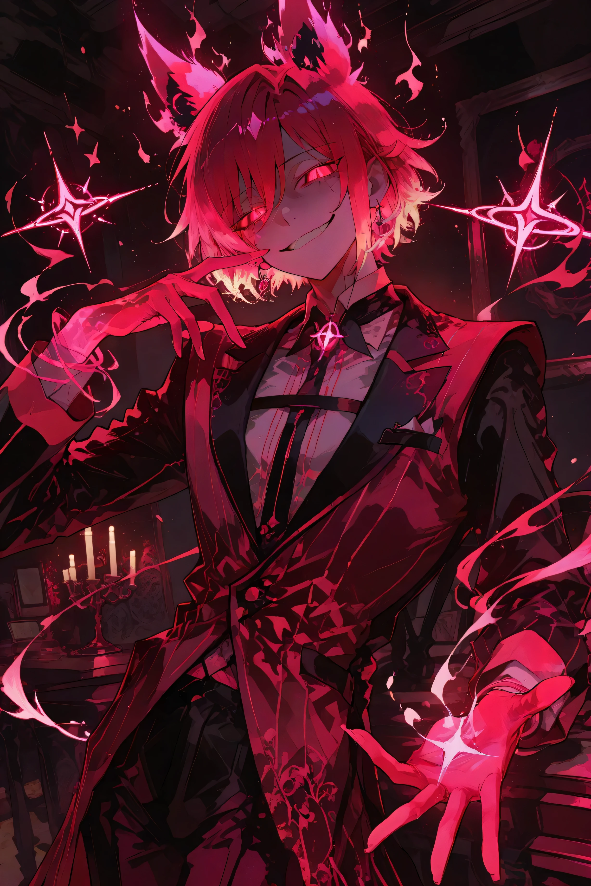 neon art, neon lineart, colorful neon lineart, neon silhouette, silhouette, neon colors, glowing, glow effect, bright outlines, vibrant colors, high contrast, dark background, digital art,masterpiece, ultra-detailed, RAW photo,glowing red eyes, sinister smile, tattered vintage dress, dusty abandoned room, evil plotting expression, cobwebs, dim lighting, antique furniture, malevolent aura, A cinematic anime-style illustration blending the intense proximity and emotional sharpness of 望月けい, the restrained surreal spatial framing of 748cm, and the explosive color and motion direction of 米山舞. /k.s† male character ✅ Clothing Full vintage showman suit , Alastor + Lucifer Suit combination Stylish, theatrical, old-radio era Sharp, playful lines NOT business. NOT modern. NOT “tie-adjusting salesman.” Think: Stage performer Trickster king Elegant chaos A presence who owns the room by existing Sigils Around you, floating like radio symbols and occult frequencies Not stitched, not on your shirt Orbiting, like you’re the transmitter Subtle glow Occult but radio-inspired Moving with your aura Presence / Radio God Energy Not a creature Not a bunny Not a demon silhouette Not a “shadow person” Instead: A swirling aura of signal, static, symbols, and a faint smile rippling through the energy A smile emerging from the mist Maybe one glowing star-eye inside the storm Divine-radio presence, not corporeal Something that feels old, hungry, and amused Your Expression No horror grin No psychotic killer face No goofy wide smile No salesman smirk Instead: That Alastor-Luci hybrid expression A sly, confident, clever, “I run the entire realm and enjoy it” smile Calm eyes, but sharp Joy in the chaos Mastermind energy You don’t try to be scary — you just ARE the center of power Your Posture Not fixing a tie Not businessman posing Not polite You stand like: A king on his stage Hands relaxed or slightly open, welcoming the show MALE
Fusion Vibe Vintage
Alastor theatricality
Lucifer elegance