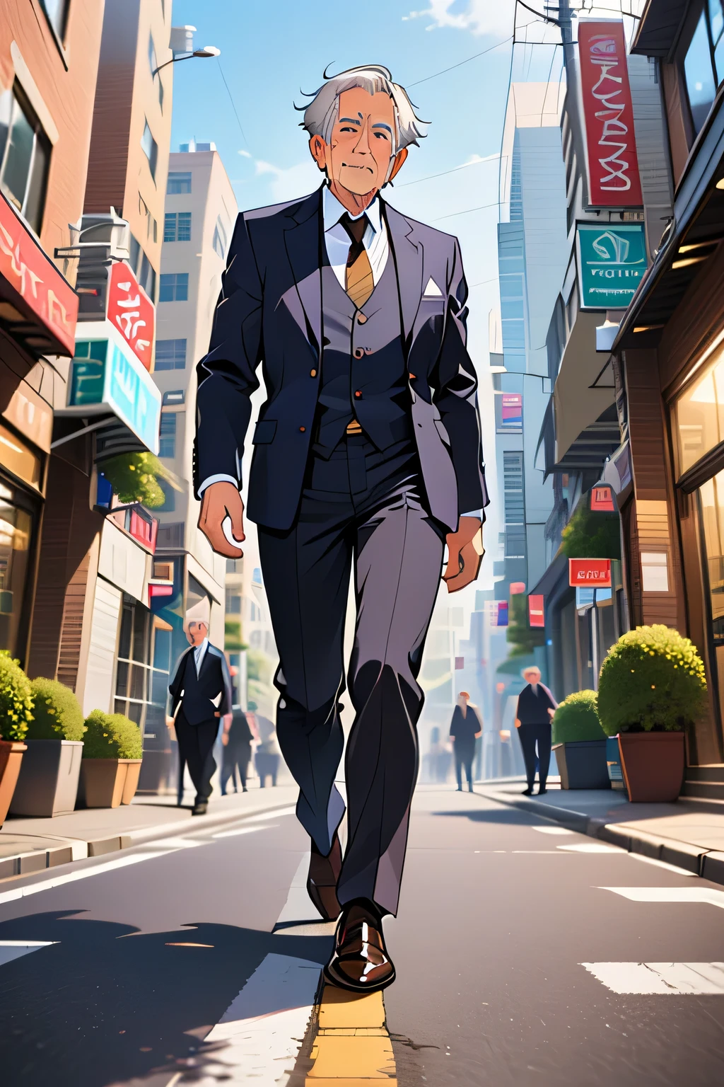 Daniel Henry Moore(elderly Polish man, graying hair, brown eyes, deep wrinkles around mouth, lean body) wearing(long suit coat, Vest, white button-up shirt, brown tie, brown slacks, dress shoes) walking down a city street
