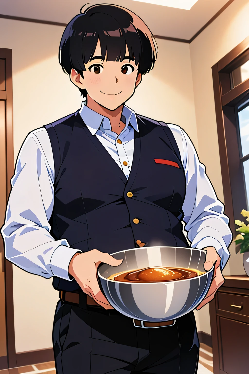 Ethan Kim(Korean shy man, tall, chubby, bowl cut black hair, brown eyes) wearing(black slacks, brown belt, white button up shirt, vest) smiling as he welcomes guests into his home