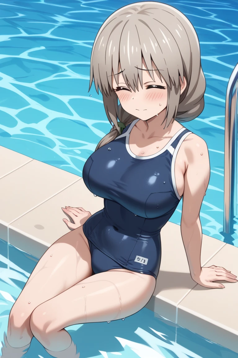 masterpiece, best quality, ultra-detailed, Potrait of beautiful , (chubby) (muscular), (plump), (sexly), (cleavage), ((tomboy)), (アニメ), (), (Plump), ((very short hair)), ((Uzaki Hana)), (overweight), (Gray Hair), ((Saggy )), (blue eyes), (Short Hair), (blue eyes), ((thick)), (Smelly body), (Sweaty body), (arms up), (side), (Poolside), (両方のsideが見える), ((恥ずかしくてLook Away)), (school swimsuits), (School Swimsuit), (Look Away), (cleavage)