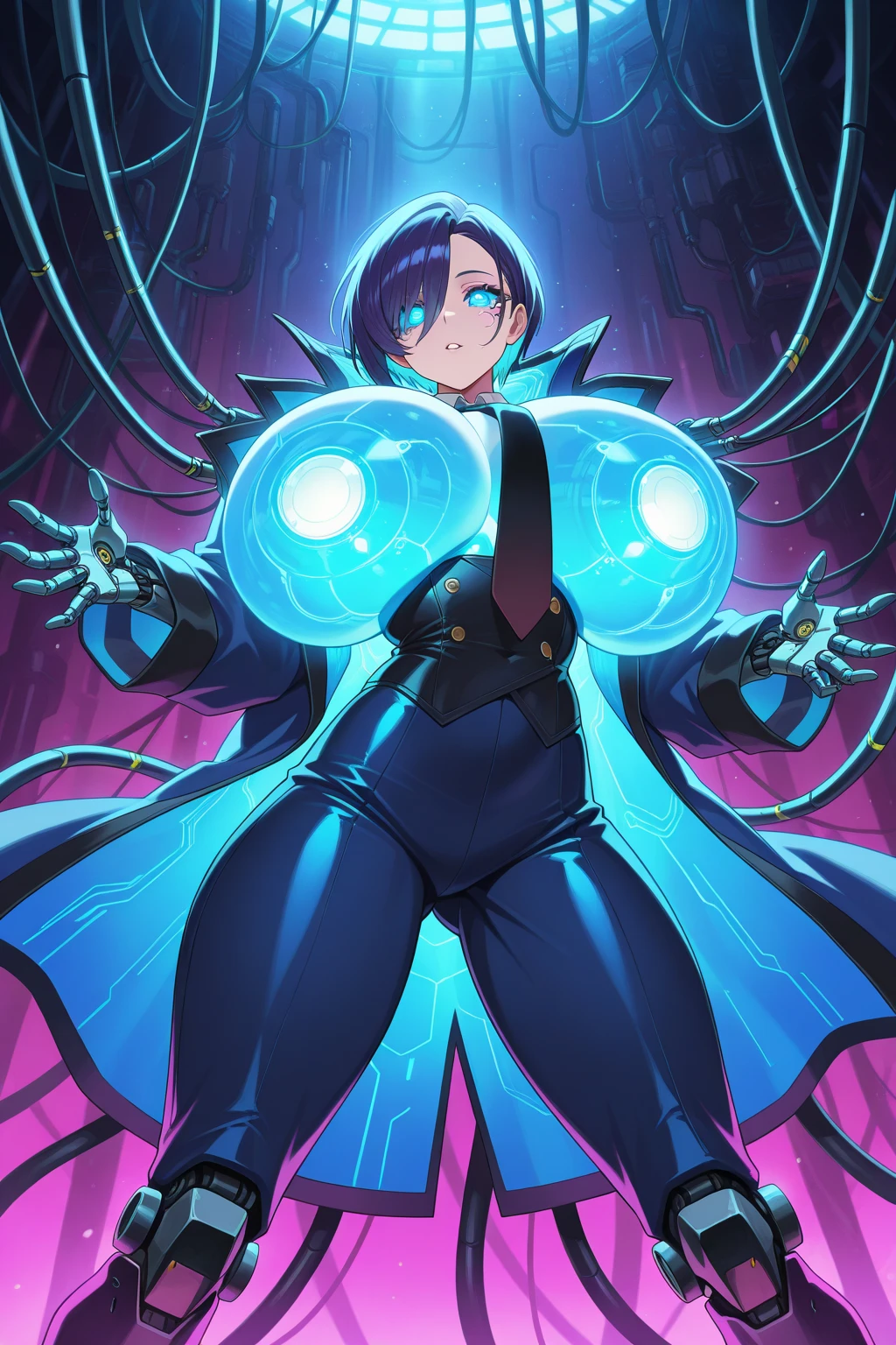 best quality,ultra detailed,solo,score_9, score_8_up, score_7_up, score_6_up, score_5_up, score_4_up, source_anime, 1girl, clara, blue hair, hair tubes, grey eyes, ,big breasts, sexy pose, (front view,portrait),full body, sitting on lava,heavenly ass, heavenly breasts, big ass, no shoes, wearing black heels, smile, cute, face, long legs, tight , tight sleeves, black , half-closed eyes, touching own breasts