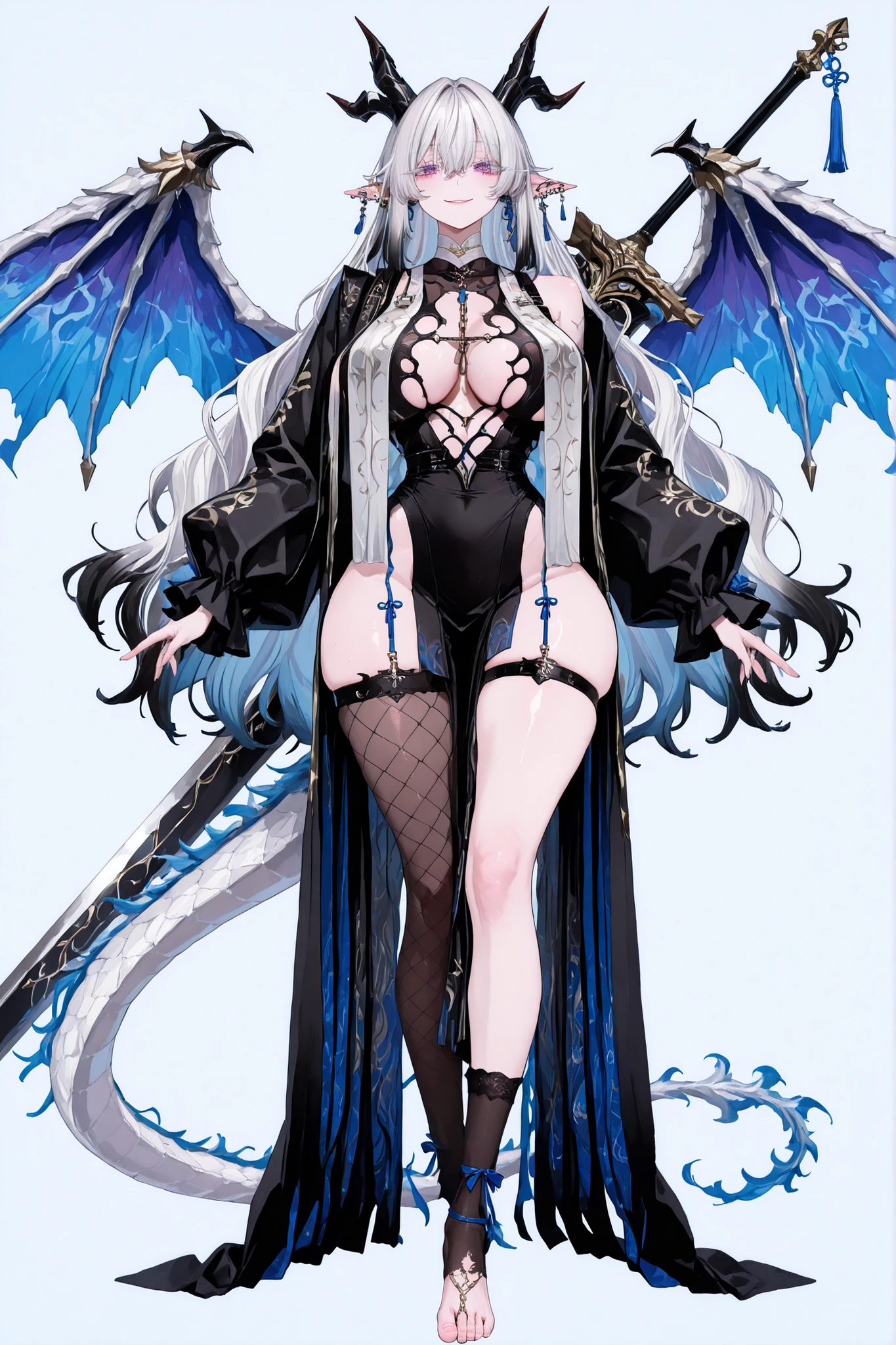   8k wallpaper、    top quality 、masterpiece,   748cm スThailandル   、sexy black bralette dress with fishnet top beneath,   woman 1 person、ribbon、piercings and earrings on her ears,  pointy elf ears, black ripped pelvic curtain dress、 cute black oversized coat with puffy sleaves with open sholders, chains and Accessories on clothes,  dark pantyhose and fishnet、 black knee socks 、rororogi mogera、 style strap 、 Thailand、  pantyhose、、black hair with gray tips and gold  lines、 albino eyelashes   、   long hair falling down her chest、  Underbob  、blue ribbon bow in the head、  Pretty blueish purple Eyes、  wide hips、Protruding thighs   、 pale pinky skin,   very big breasts 、close up,  Light blue background 、open chest area dress,   simple background、lazy smile、 high detail design, standing up、boob window, leaning down towards the camera, making a cute pose with her hands, fullbody, , huge sword on her back, punk style clothes, chest fishnet top, fishnet stocking, big cute , wings behind her ears, demon girl, five big octopus tails behind her, black horns, goat eyes, five octopus tails, big hair. heavenly divine dragon girl, white huge dragon horns with golden ends, big dragon tail, white hair, ver long hair, thick hair, very big breast, green-blue gradient dragon eyes, white dragon sexy revealing outfit with breast curtains, white nylon stockings, white choker, sexy white cheongsam dress with gold details, taliman paper on her , fullbody, head to toe, black dragon scales on her thighs, bare feet, exposed toes