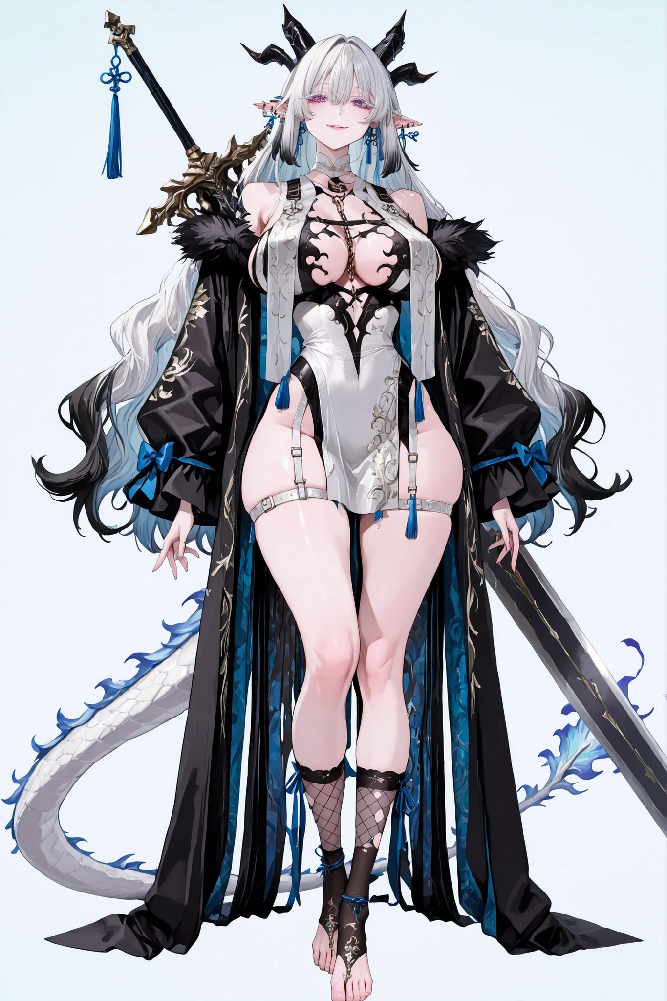  8k wallpaper、    top quality 、masterpiece,   748cm スThailandル   、sexy black bralette dress with fishnet top beneath,   woman 1 person、ribbon、piercings and earrings on her ears,  pointy elf ears, black ripped pelvic curtain dress、 cute black oversized coat with puffy sleaves with open sholders, chains and Accessories on clothes,  dark pantyhose and fishnet、 black knee socks 、rororogi mogera、 style strap 、 Thailand、  pantyhose、、black hair with gray tips and gold  lines、 albino eyelashes   、   long hair falling down her chest、  Underbob  、blue ribbon bow in the head、  Pretty blueish purple Eyes、  wide hips、Protruding thighs   、 pale pinky skin,   very big breasts 、close up,  Light blue background 、open chest area dress,   simple background、lazy smile、 high detail design, standing up、boob window, leaning down towards the camera, making a cute pose with her hands, fullbody, , huge sword on her back, punk style clothes, chest fishnet top, fishnet stocking, big cute , wings behind her ears, demon girl, five big octopus tails behind her, black horns, goat eyes, five octopus tails, big hair. heavenly divine dragon girl, white huge dragon horns with golden ends, big dragon tail, white hair, ver long hair, thick hair, very big breast, green-blue gradient dragon eyes, white dragon sexy revealing outfit with breast curtains, white nylon stockings, white choker, sexy white cheongsam dress with gold details, taliman paper on her , fullbody, head to toe, black dragon scales on her thighs, bare feet, exposed toes