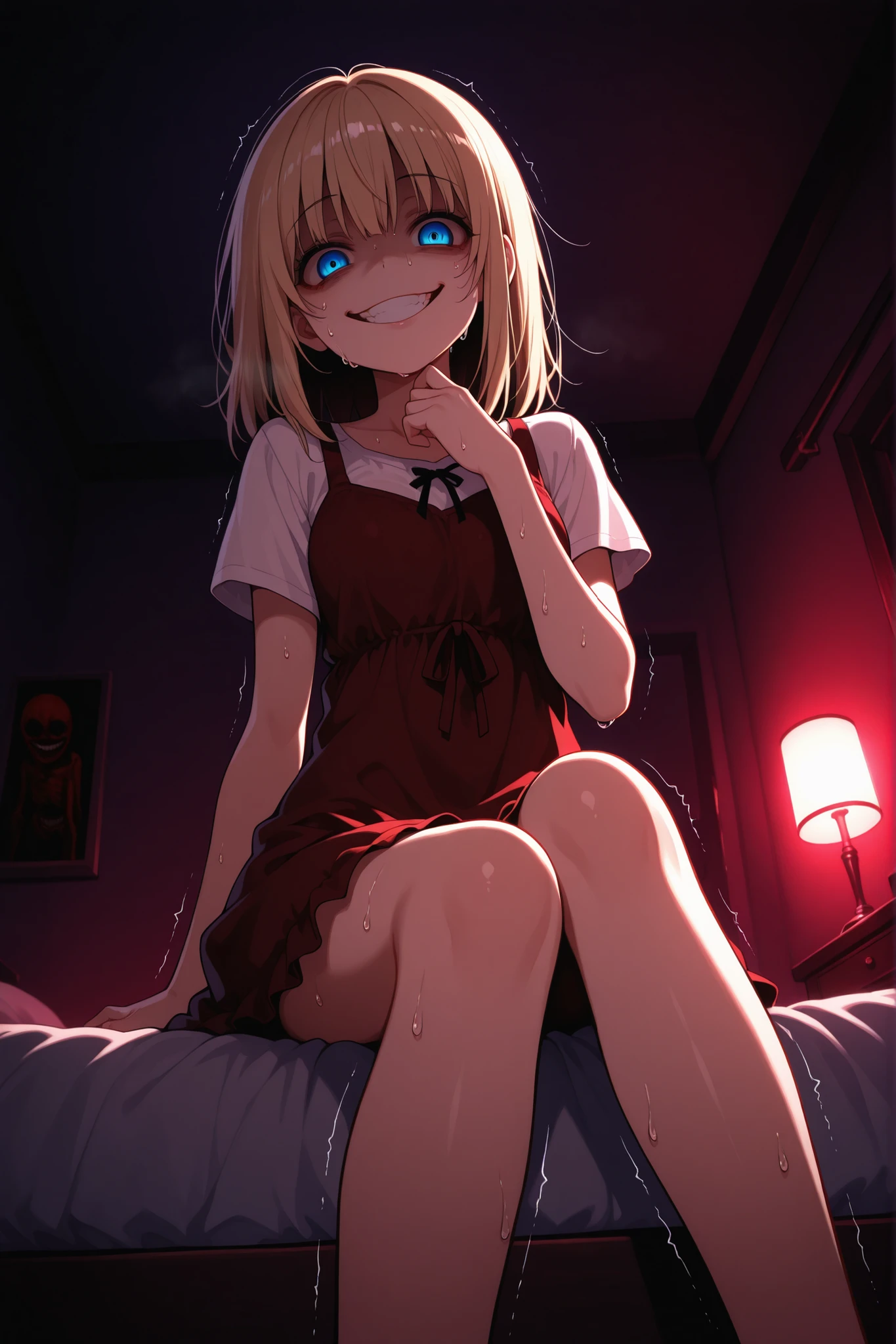 1girl, yandere, creepy smile, creepy grin, below angle, bedroom, sitting on bed, sweat, shaking, blue eyes