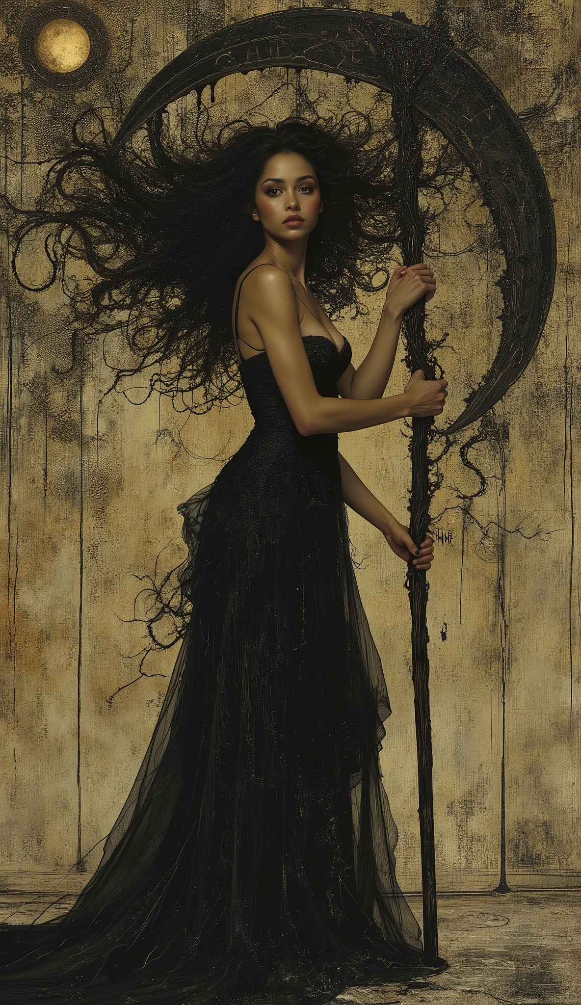 a dark-haired woman in a black dress, the most beautiful female death in the world, mixed african american with lovely caramel skin and thick thighs big beautiful ass, nice waist, small round breasts, holding a scythe with the letters "HNP" engraved on it, dark fantasy, gothic, dramatic lighting, cinematic, detailed portrait, chiaroscuro, dramatic pose, intricate clothing folds, muted colors, moody atmosphere, highly detailed, photorealistic, 8k, masterpiece, neon colored, (oil painting,digital painting,masterpiece:1.2),photorealistic,8k,detailed,vivid,dynamic composition (dark and gloomy abstract painting),(dark colors,moody,ominous,mysterious,enigmatic:1.2),(abstract,surreal,avant-garde,conceptual art:1.1),organic shapes,textured brush strokes,dark tones,high contrast,emotive,evocative,atmospheric,cinematic