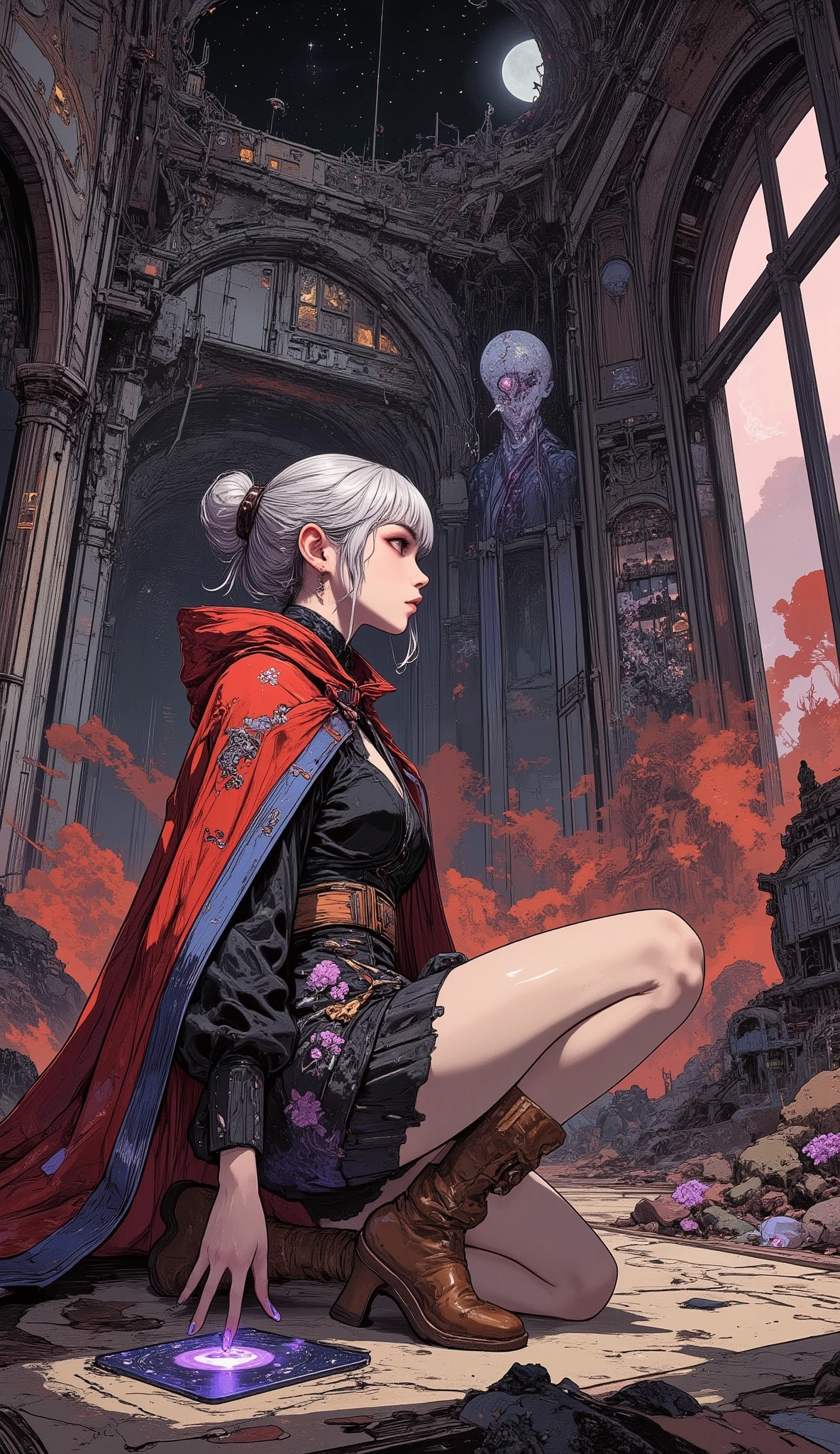 (A fusion of ukiyo-e and dark fantasy. An aesthetic, gothic-inspired near-future digital art style. Dynamic depictions rendered from a female perspective looking upward from a diagonal angle below.) BREAK
(Far from Earth, a desolate space colony illuminated by a black moon like a black hole and its crimson twin. The high-ceilinged hall is made of glass, revealing a Martian-red wasteland and the distant, decaying ruins of an alien factory, visible like silhouettes.) BREAK
(The Astral Elf woman kneels on one knee, watching the image of an alien with a tentacled head wearing a robe projected onto the hologram device placed on the floor.) BREAK
(The Astral Elf woman has translucent silver hair. Straight-across bangs. Silver eyebrows. Long silver eyelashes. Almond-shaped eyes. Black sclera with golden, cat-like irises. Thick, dark eyeliner. Small pink lips. Slightly pointed ears. Pale, translucent skin. Small, slender limbs. Thin fingers. Black nail polish.) BREAK
(The Astral Elf woman's attire consists of a simple metal hairpin in her hair, a form-fitting, short-hemmed lace-up dress made of sheer, jet-black lace fabric embroidered with purple wisteria flowers, and a wide, light blue striped sash. She wears a high-collared crimson cape adorned with white pom-poms and soft brown velvet boots with turned-down cuffs extending below the knees.)