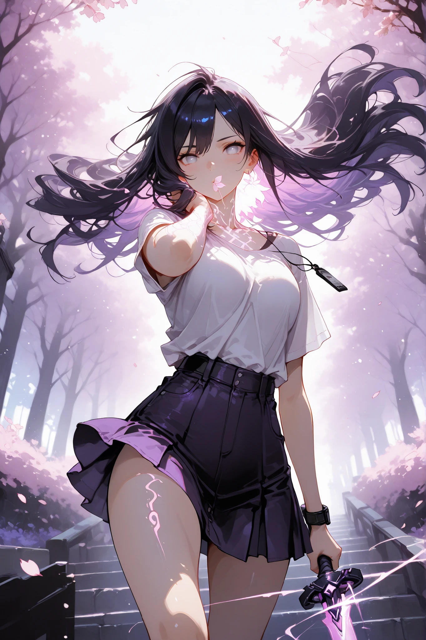 (((dynamic action pose))), Low angle forced perspective (1.4), Beautiful girl with long flowing black hair, slender and graceful body, pale lavender eyes without pupils (1.3), Black with faint neon reflections (1.4), arc light trails (1.3), short skirt blowing in the wind, oversized shirt, Sparkling Magical Particles (1.3), Swirling Cherry Blossoms, Wave pattern (1.4), cinematic lighting (1.4), hair edge light, high contrast, Very bright, smooth skin texture, smooth metal accents, ネオンとブラックライトの入った黒い Background, thin clouds under a moonlit sky, for the viewer. Artistic composition, Third Law + Oblique flow; Subject in the foreground on the left, Sword trail on the top right; very high definition, very high definition, masterpiece. Lighting: Warm Key + cool blue/purple back edges; soft flowers around the magic; Dynamic Action Pose; Smooth hair scene. Background: Black with faint neon reflections; Metal-Controlled Mirror Reflections (Very Thin). Style tags: cinematic, natural glowing skin, Sharp Edges, Minimal Noise, Fine film grain