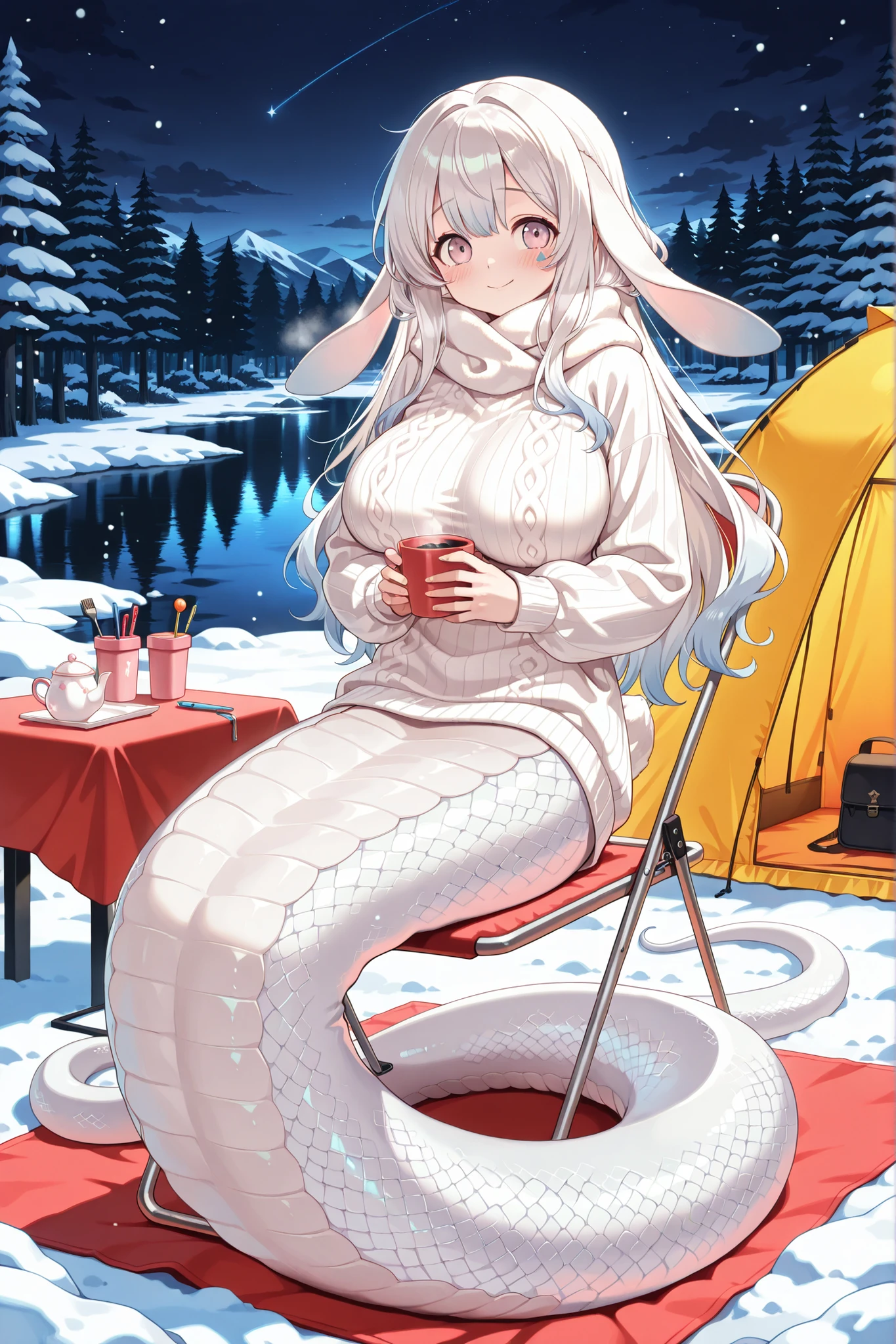 1 female, big boobs,malice pawn march hare, blush,White hair,white long-sleeved sweater, white scarf ,Rabbit ears,masterpiece,Up to,HD,very beautiful,cute,absurd,(All five fingers ),lamia,White snake tail ,beautiful woman,Beautiful Woman,The lower half of the body is a white snake tail,Smile,Shy,Winter camping scene,snow-covered meadow,camping scene background,Night view,lake,tent,Forest,角色在tent旁边,Wrapped snake tail,in a folding chair,Hands holding a cup,full body photo of the grade