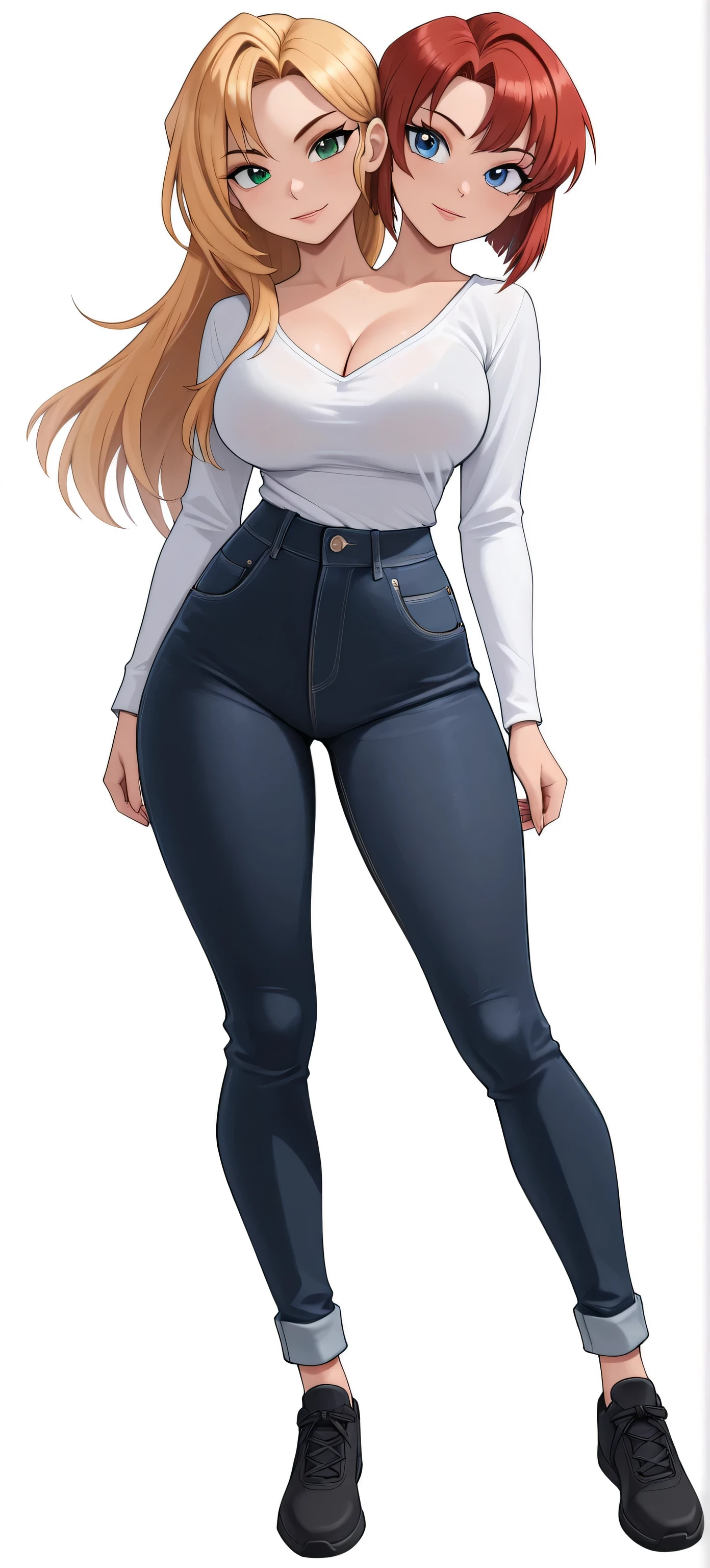 (masterpiece) , (ultra-detailed) , (high quality) , (high resolution) , (best quality:1 . 5 , highres , UHD) , highres , absurdo , ultra detail , ultra quality , Ultra resolution , 16k , ((anime girl with two heads)), (long blonde hair), (red short hair), white long sleeve shirt, jeans, mature woman, blue eyes, green eyes, full body, cleavage, sharp eyes, beautiful woman, athletic shoes