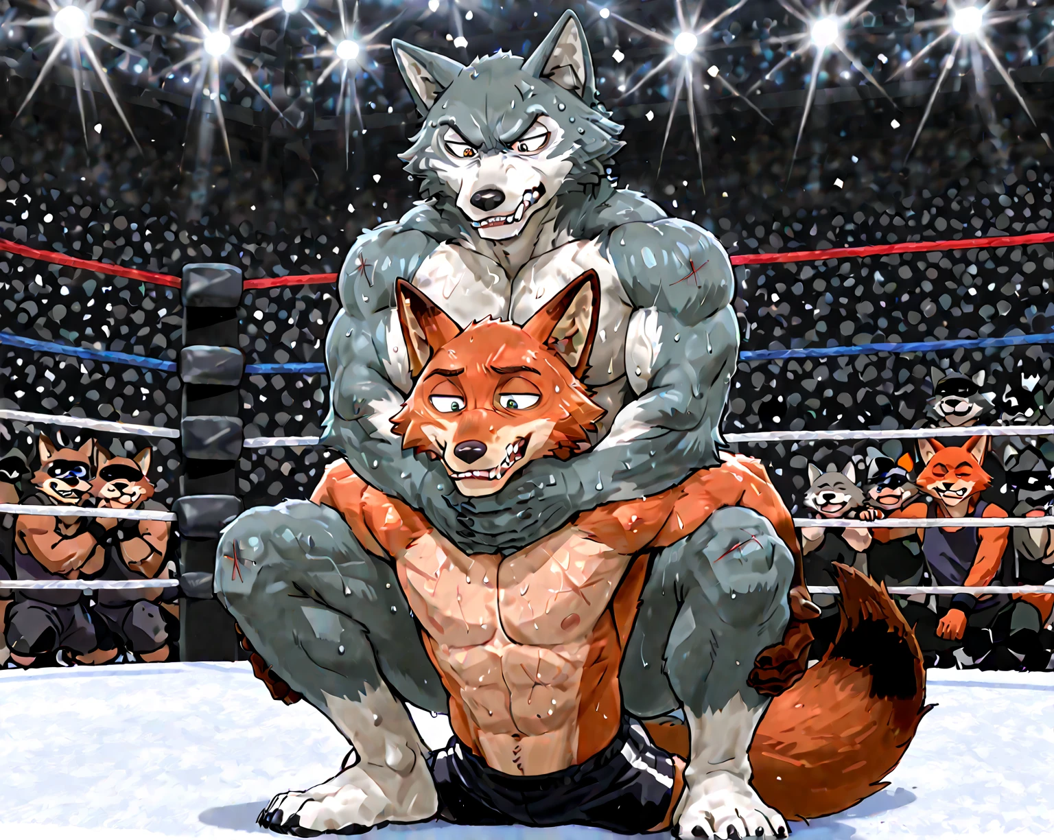 (side view:1.1)by personalami, by meesh, by honovy, by taran fiddler, male, anthro (wolf;1.1), (blue fur:1.1), blue skin, white  fur, ,adult, ((photorealistic, hyperrealistic, ultra detailed, 4k hd)), natural pose, (muscular, large pecs:1.3), ((standing)), ((black wrestling singlet:1.1)),big wold and smaller  shorter skinny tiny wolf,standing next to each other, (size difference:1.1), (smaller thin red wolf:1.1), ((confident smile)), bulge, ((pose:1.2)), ((locker room background))
