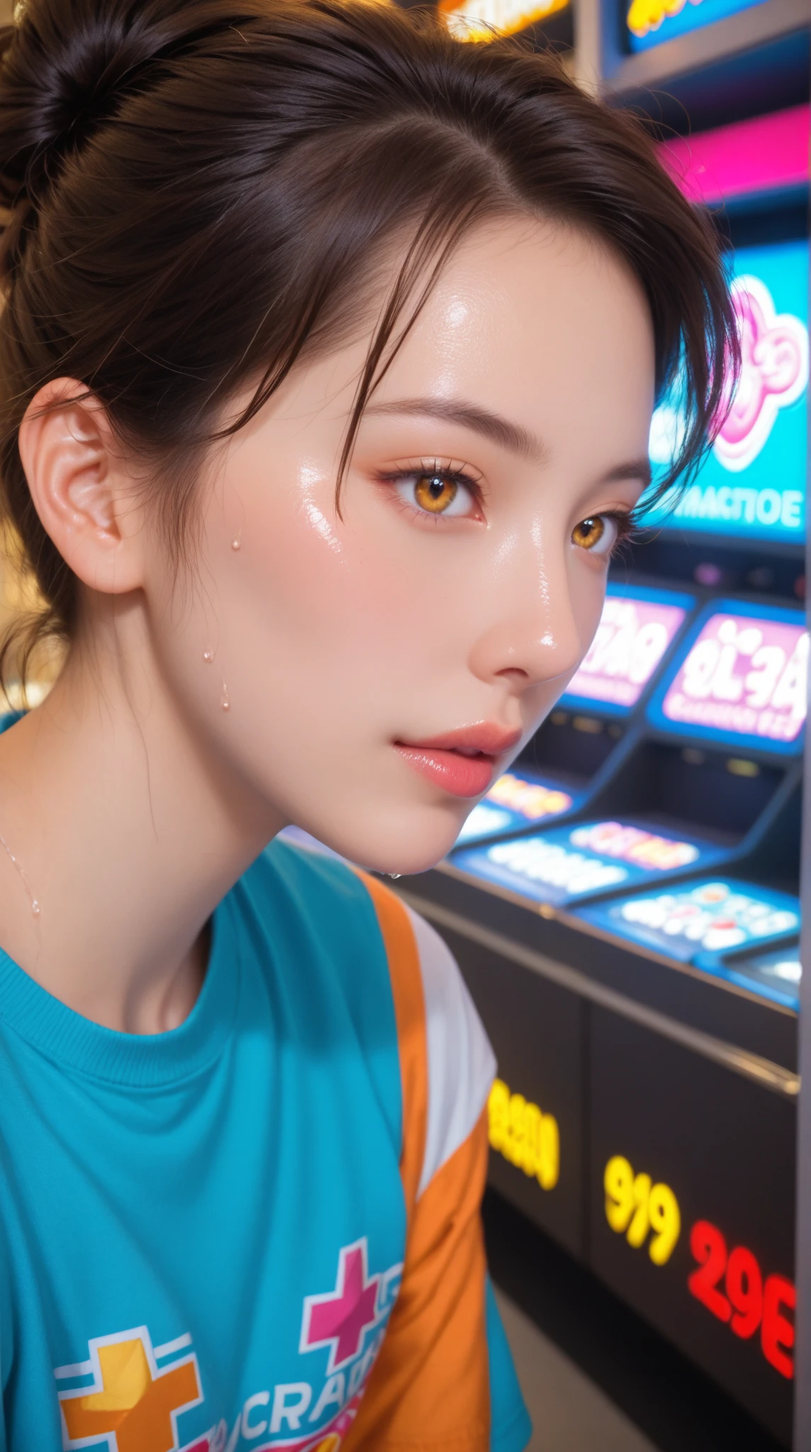 raw photo , 8K, ultra detailed, (realistic:1.2), (1girl), (smile:1.3), (round face), (black camisole),(holding big blacklight ball:1.3), (from above),(dark room)