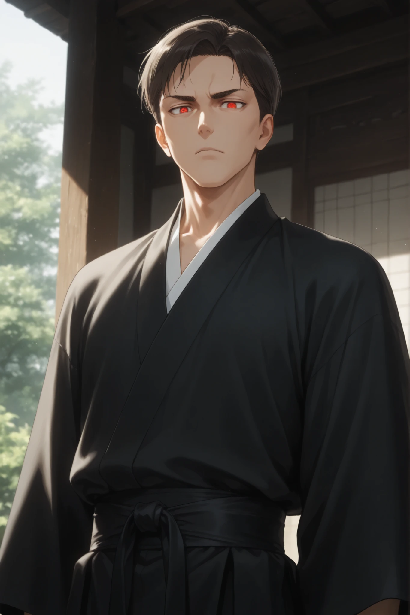 Masterpiece, good resolution, good quality, newest. Good , good lighting, safe. Older man, handsome, anime. Dark brown hair, short haircut, military style. Intense red eyes. Slight wrinkles on his face, fair skin, slim build, muscular figure. He is 40 years old, 1.89 meters tall. Alone, looking at the viewer. Wearing: Elegant black traditional male hanfu. Background: Botanical garden background.