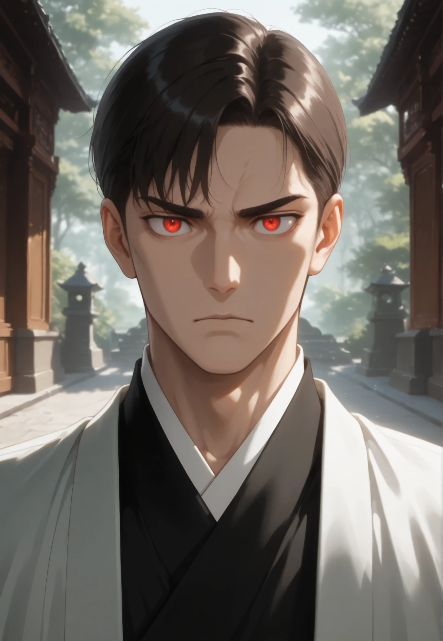 Masterpiece, good resolution, good quality, newest. Good , good lighting, safe. Older man, handsome, anime. Dark brown hair, short haircut, military style. Intense red eyes. Slight wrinkles on his face, fair skin, slim build, muscular figure. He is 40 years old, 1.89 meters tall. Alone, looking at the viewer. Wearing: Elegant black traditional male hanfu. Background: Botanical garden background.