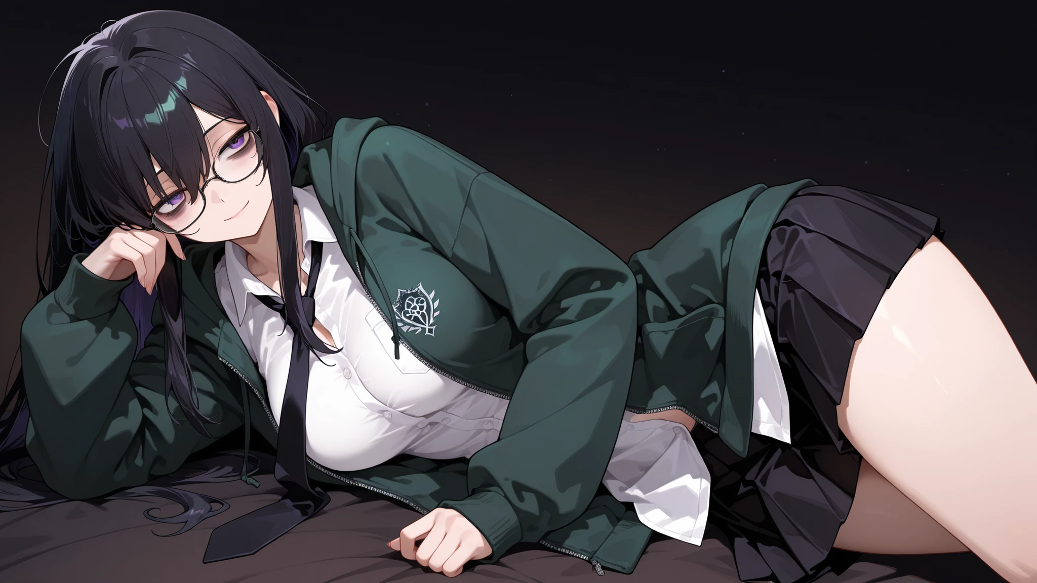 gamerexia, masterpiece, best quality, absurdres, 1girl, solo, medium_breasts, purple_eyes, glasses, black_hair, long_hair, long_hair, glasses, sidelocks, hair_berween_eye, long_sleeves, mature_female, white_shirt, dark green hoodie, open hoodie, black_necktie, school_uniform, lying, tall, black_hair, bags under eyes, curvy, from side, head tilt, black_skirt, pleated_skirt, untucked shirt, light_smile, dark_background, hood_down,