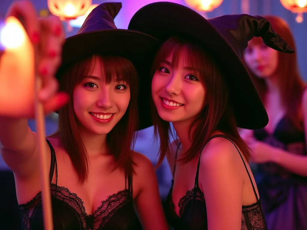 (top-quality,8K,​masterpiece:1.3),(超A high resolution,Photorealsitic:1.4,RAW shooting),(ultra-detailliert,Caustics,perfect anatomia),(hyper detailed background,Ultra-realistic capture,beautifully detailed eyes),(Scramble crossing in Shibuya:1.1),Halloween Decorations,sexy  pose,witch outfit,witch's hat,Two girls with short and medium hair,japanes,20yr old,kawaii,pretty black hair,large boob,Staring at this,Naughty look, natta,Dynamic lighting,taken from the under