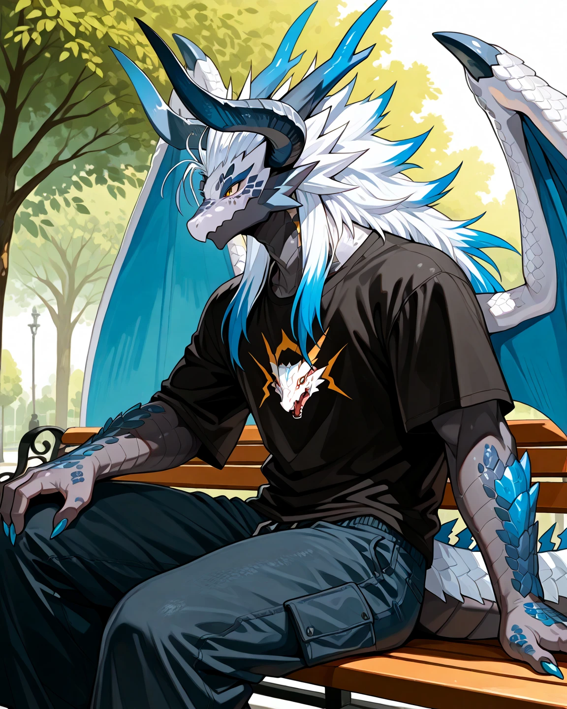 ultra-detailed, masterpiece, masterwork, high quality, best quality, hdr, (nature, top of the tree), , male, solo, avian, (()), (white little body crow), (long silver hair, beak, closed eyes sleeping), horn, dragon ears, lying, dynamic angle, (, perfect ), Hands and wings in one piece,