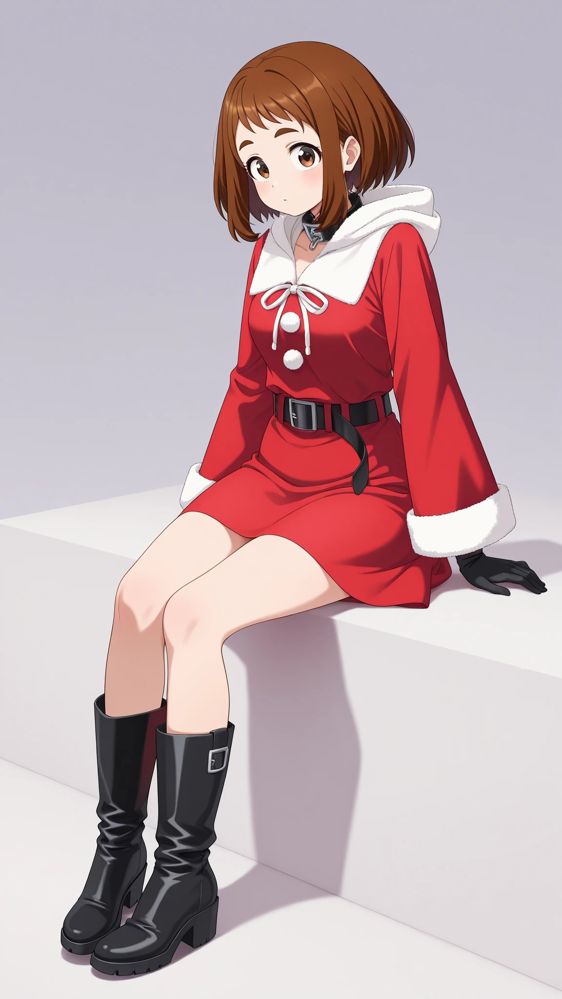 Highest Quality, 1girl, Reihi Ochako, brown hair, short hair,
wears a modern Santa Claus costume composed of a short tight red dress adorned with white leather trim on the collar, Sleeves and hem . For the costume、hood with white leather inserts, black boots with leather trim , Black Gloves、has a black belt that accentuates her figure. the girl is sitting, ribbons and bows in a short dress, It highlights the pure white contrast. You、You can see her full body in all of that growth. natural and fresh lighting、highlights the contrast between the bright red color of her outfit and the pure white of her environment.